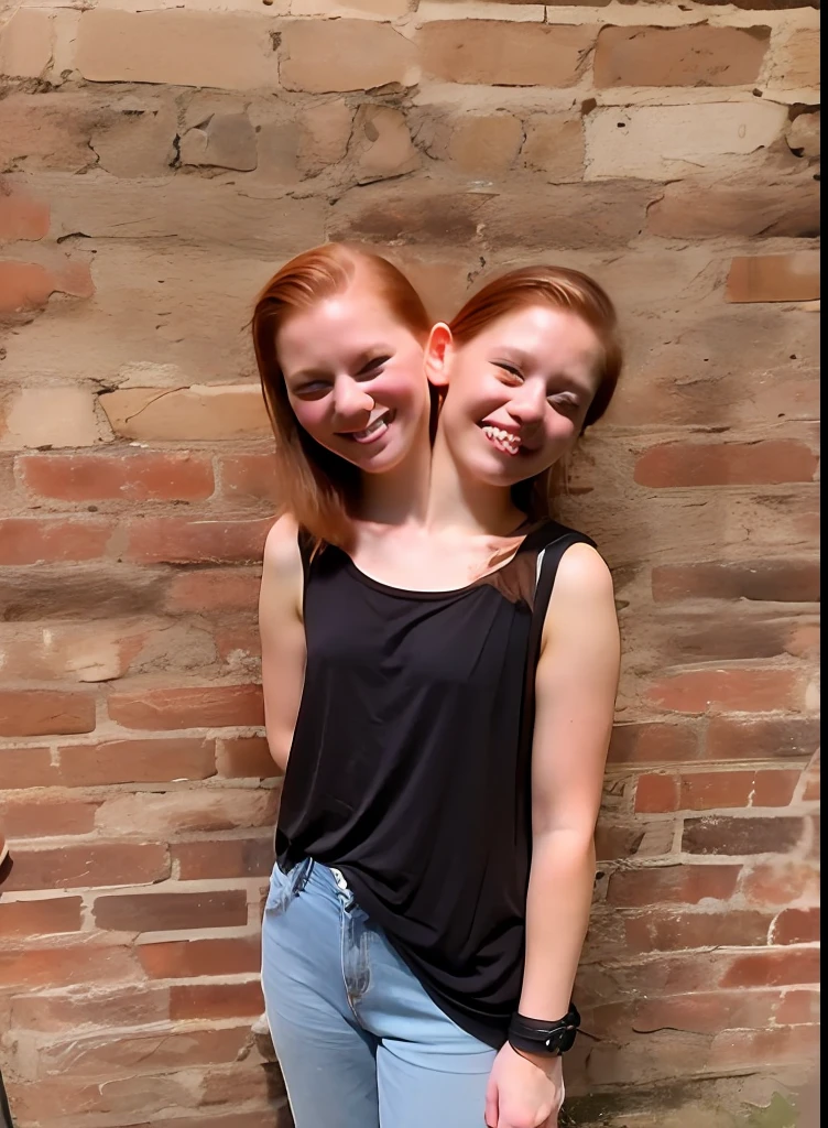 2heads, two headed girl, (child:1.5), (one torso:1.5), (female:1.5), (redhead:1.4), (teenager:1.4), (caucasian:1.5), (two heads on one body:1.4), conjoined twins, heads side by side, one torso, young, uncomfortable, barefoot