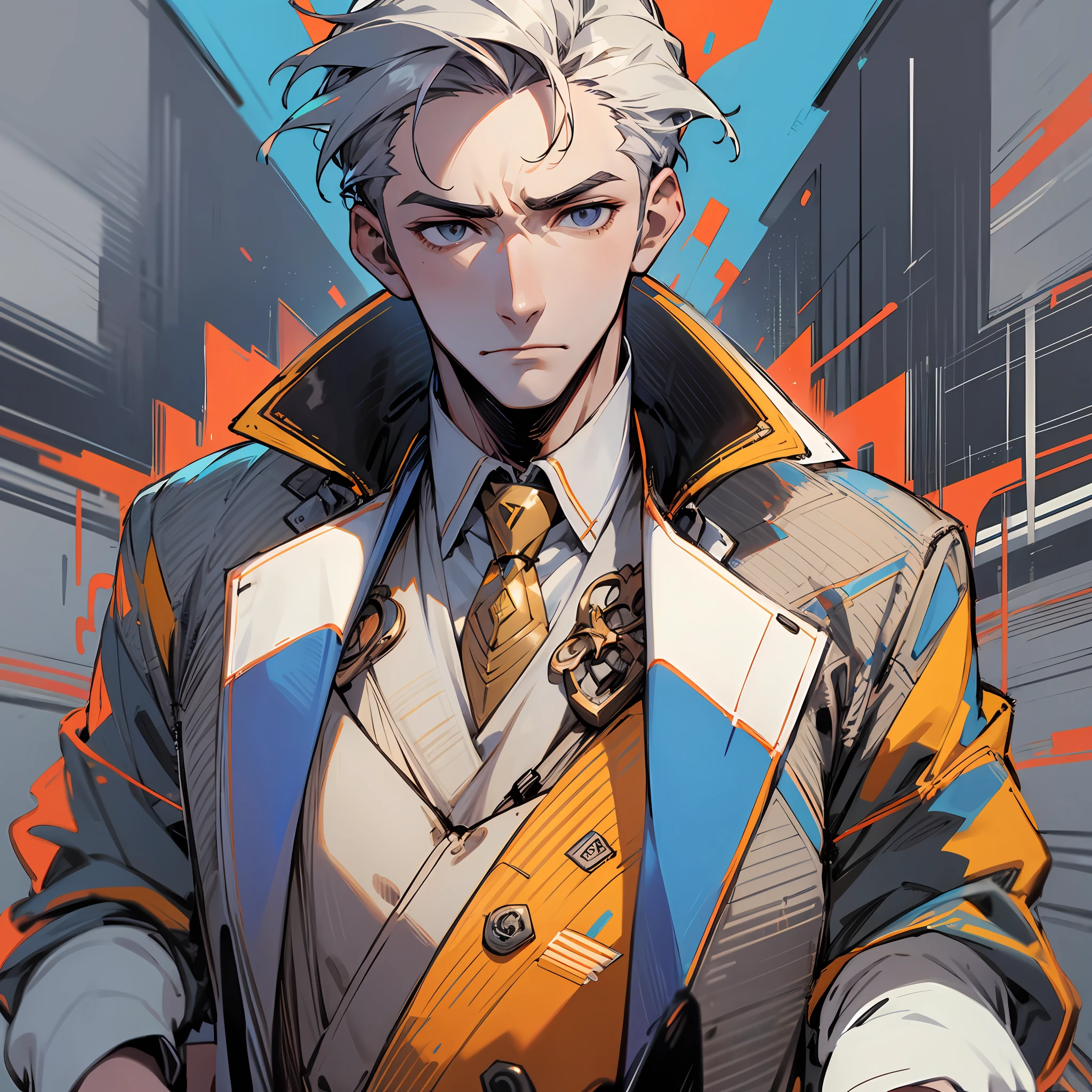 A handsome man，Clear facial features，Flat expression，Wide jacket，
