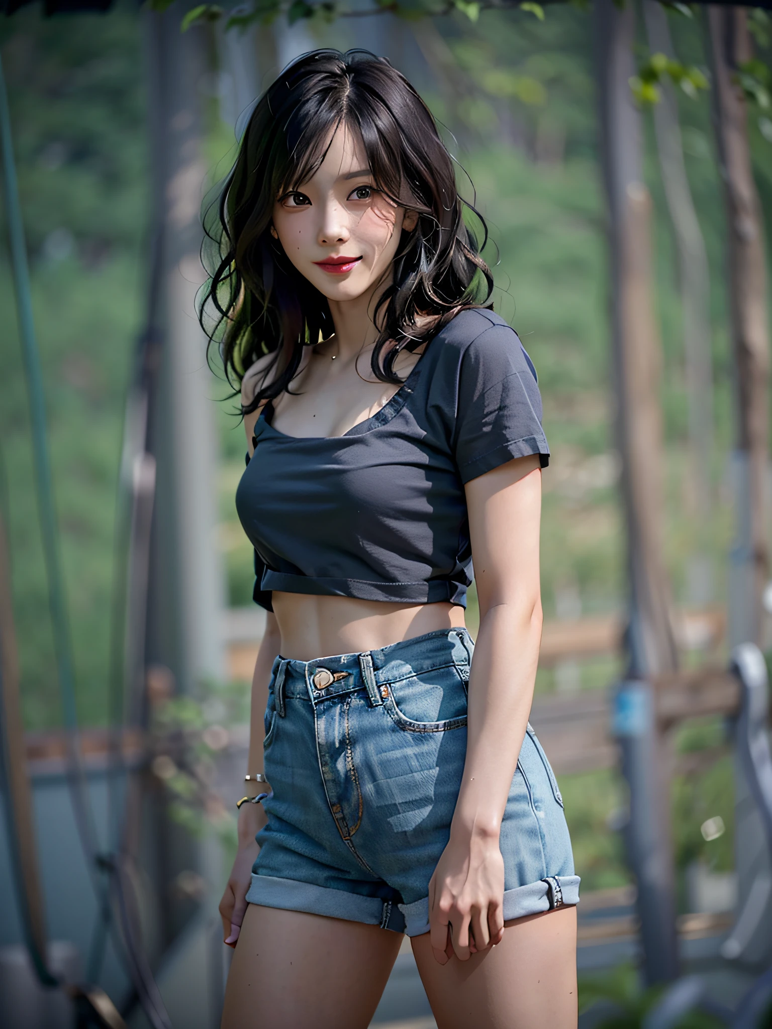 film photography, 1girl, t-shirt, denim shorts, standing, seductive smile, medium breast, full body, drunk blush:1.5, black wavy shoulder-length hair, serene, calm, (realistic detailed eyes, natural skin texture, realistic face details), soft dramatic lighting, depth of field, bokeh, vibrant details, finely detailed, hyperrealistic