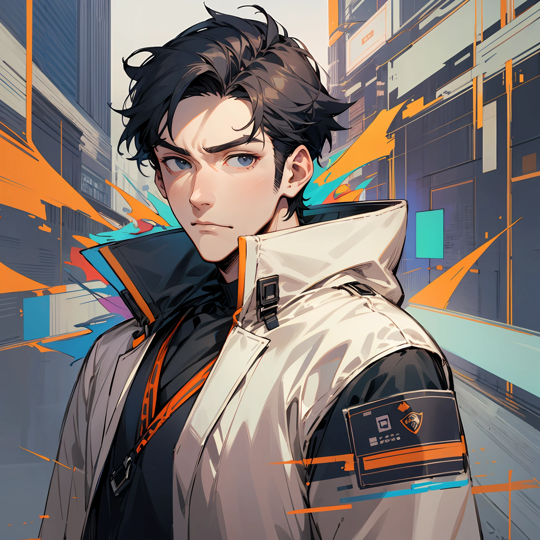 A handsome man,Clear facial features,Flat expression,Wide jacket,The background is the street