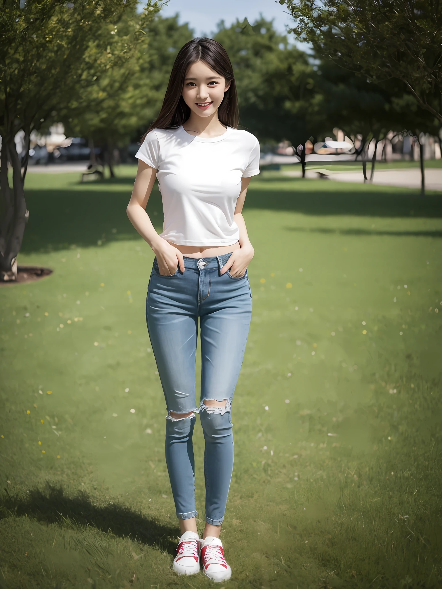 （超高分辨率，RAW photogr，realisticlying，tmasterpiece，best qualtiy：1.4），Complicated details，3个女孩，3 20 year old Korean girl，wears（Blue T-shirt exposed at the navel）and skinny jeans，Stand on the grass and take pictures，hugs，Intimate relationships，Detailed meadow，A sweet smile on a small face，Ultra-realistic facial details，The face and skin are pink and white, and luminous，Playful and coquettish pose，The calves are straight and slender:1.2，Wear high-end brand sneakers:1.0，eventide：0.3，Broad lighting，naturalshadow：1.0，超高分辨率，taken from behind，Shows slim waist and hips，taking a full body photo:1.8 --auto