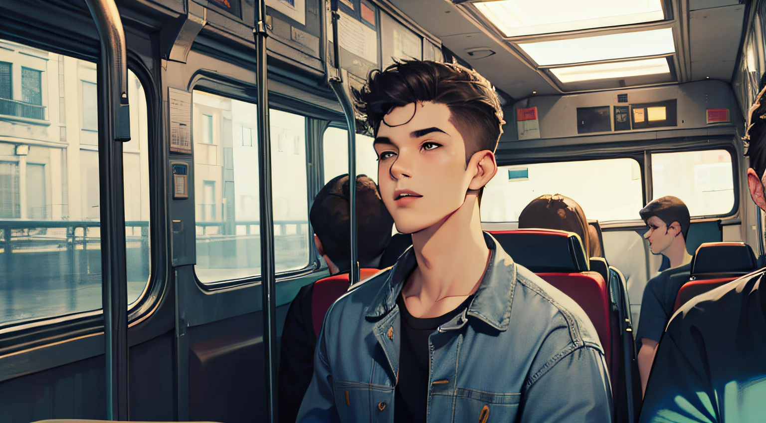 A young man,(short detailed hair,Wearing a gray shirt),denim pant,Sit upright in the bus,There were a lot of people in the car