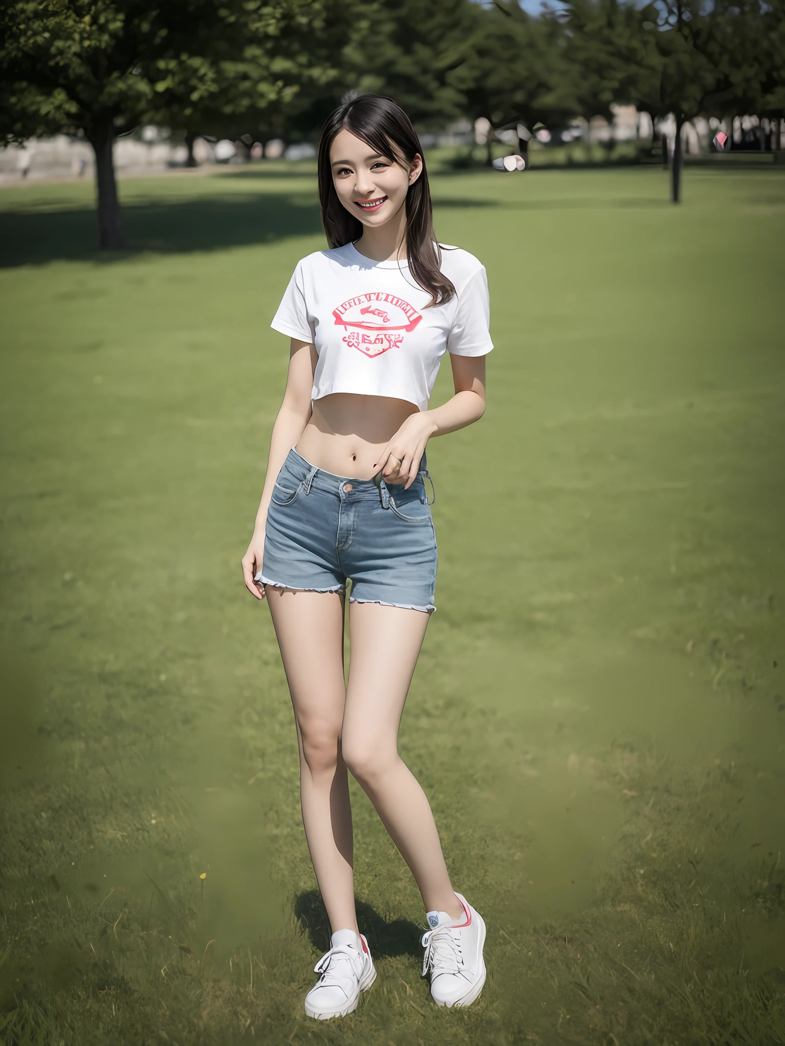 （超高分辨率，RAW photogr，realisticlying，tmasterpiece，best qualtiy：1.4），Complicated details，3个女孩，3 20 year old Korean girl，wears（Blue T-shirt exposed at the navel）and skinny jeans，Stand on the grass and take pictures，hugs，Intimate relationships，Detailed meadow，A sweet smile on a small face，Ultra-realistic facial details，The face and skin are pink and white, and luminous，Playful and coquettish pose，The calves are straight and slender:1.2，Wear high-end brand sneakers:1.0，eventide：0.3，Broad lighting，naturalshadow：1.0，超高分辨率，taken from behind，Shows slim waist and hips，taking a full body photo:1.8 --auto