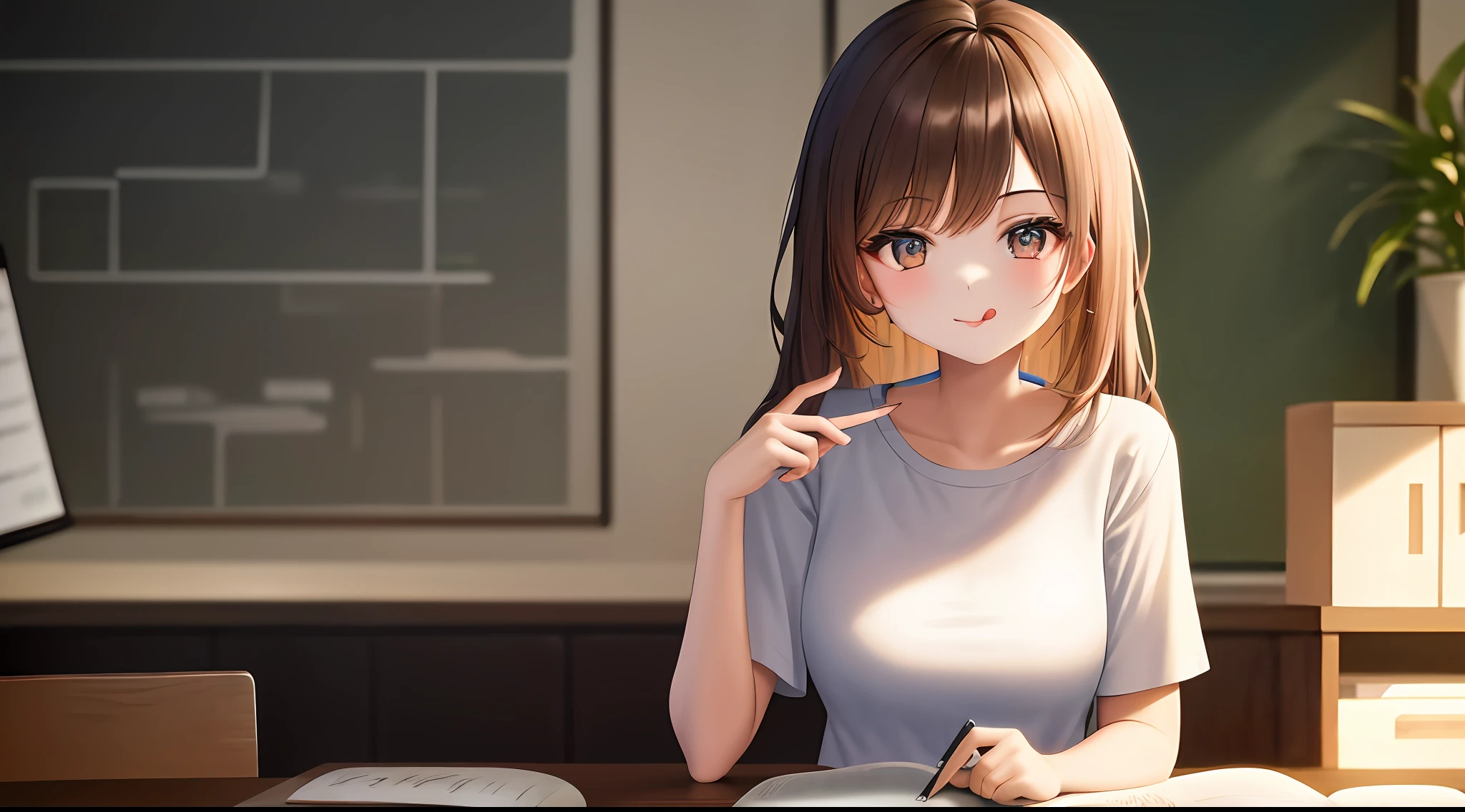 masterpiece, top-quality, hight resolution, a 1 girl, Loose white t-shirt、 Girl sitting on chair studying drafting at desk,、Beautie、Appeal、 20 years old、Have good eyes、Unclear、Beautiful fece、put out the tongue