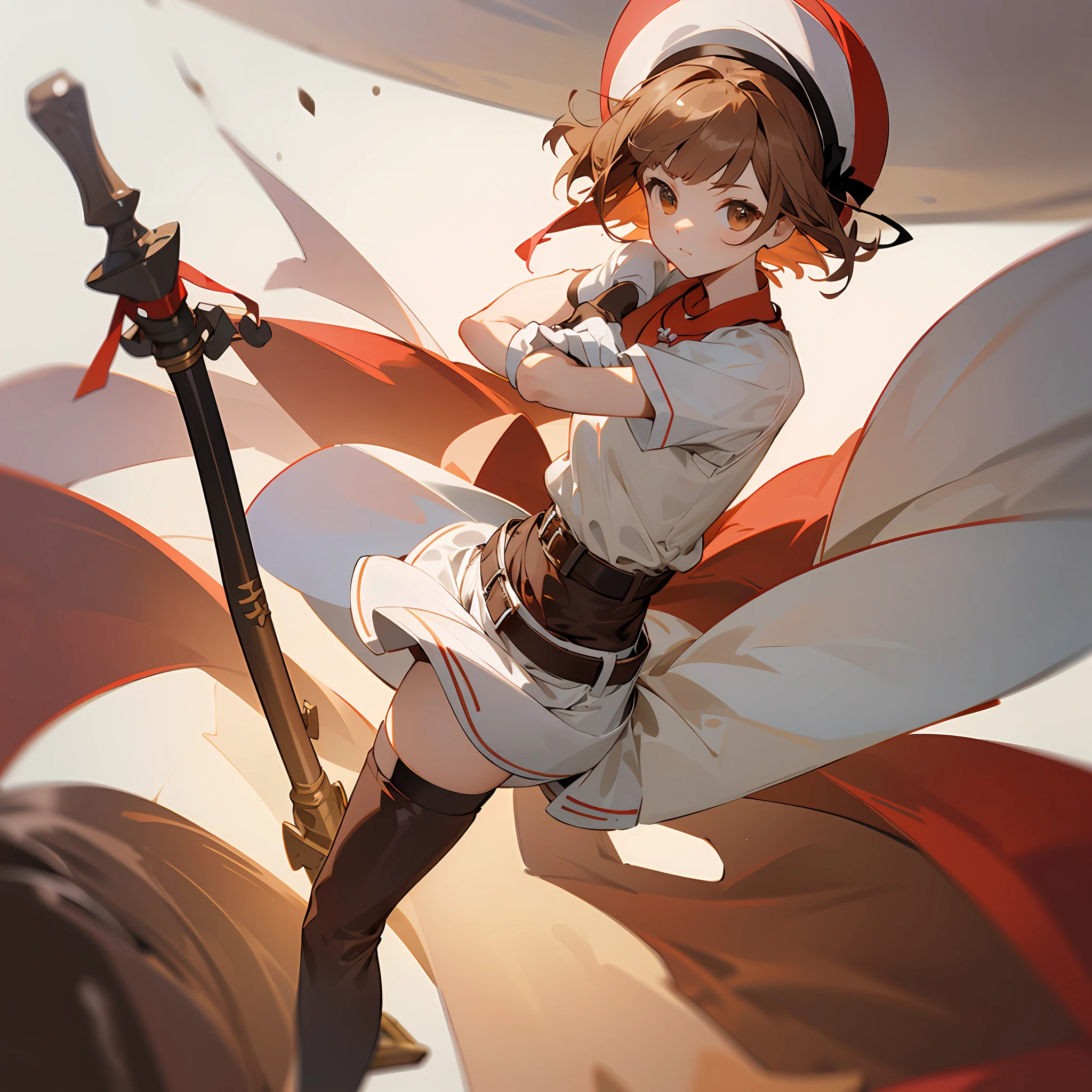 atelierryza,red shorts,short hair,white hat,black bow,necklace,thigh boots,brown boots,strapless shirt,white shirt,brown belt,large calf), --auto