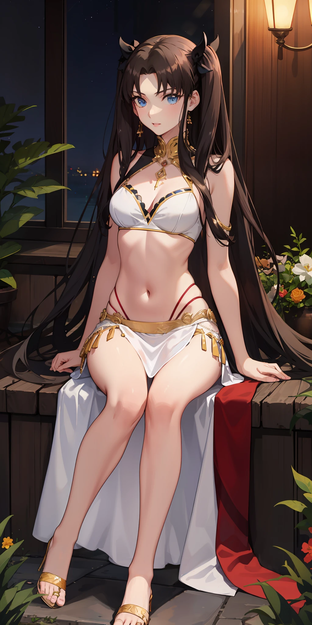 long hair, black hair, medium breast, slim legs, nervous, white gown, cleavage, arabian belly dancer , skirt, rin tohsaka, twin tail, navel, garden, night, sitting, blue eyes