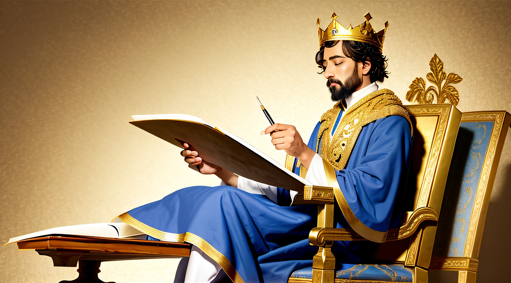 King Solomon sitting writing on his parchment