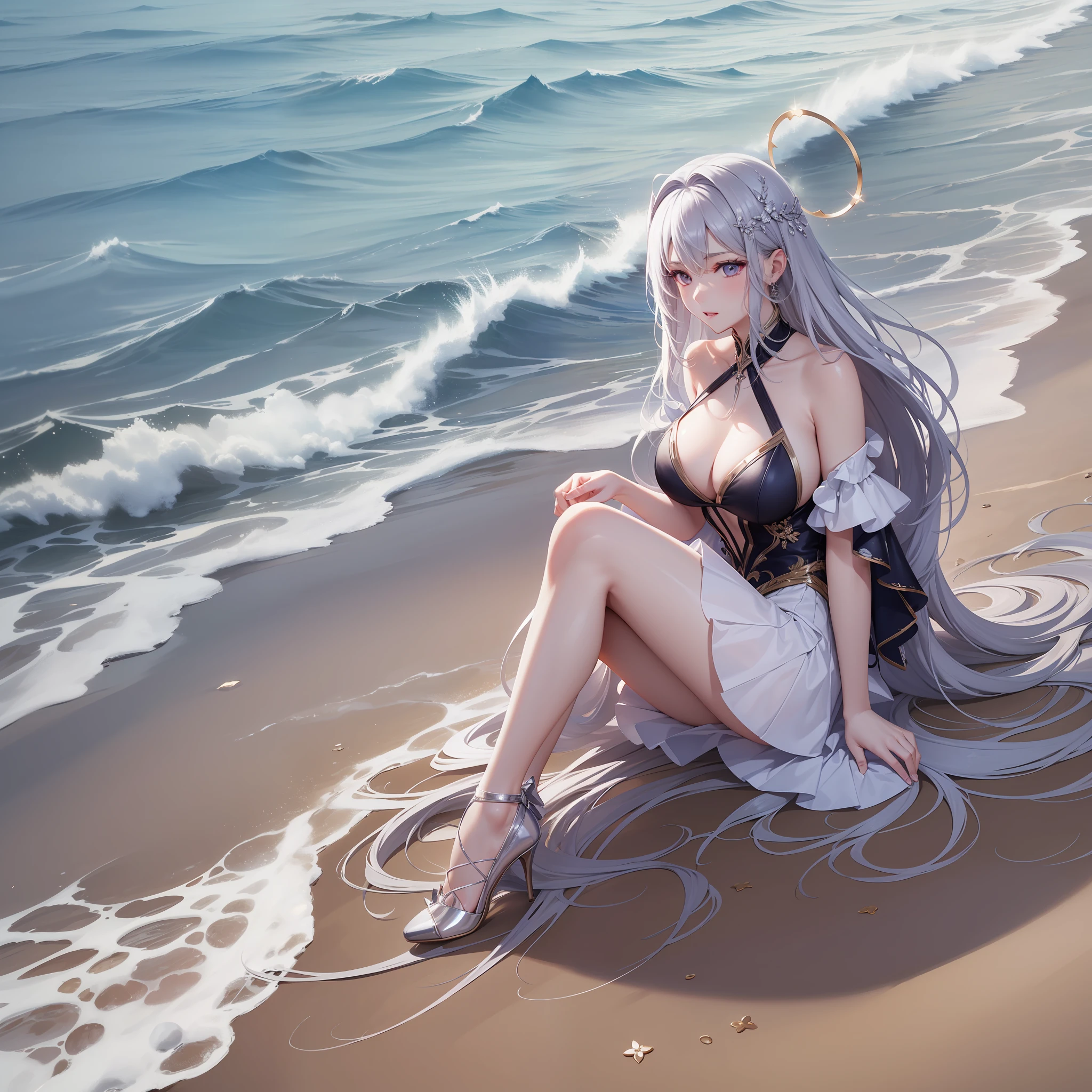 (the Extremely Detailed CG Unity 8K Wallpapers,best qualtiy,tmasterpiece),Long white hair with purple tinge,On the city,Dynamic and elegant posture,Short skirt with white gold trim,a glowing halo,high-heels。