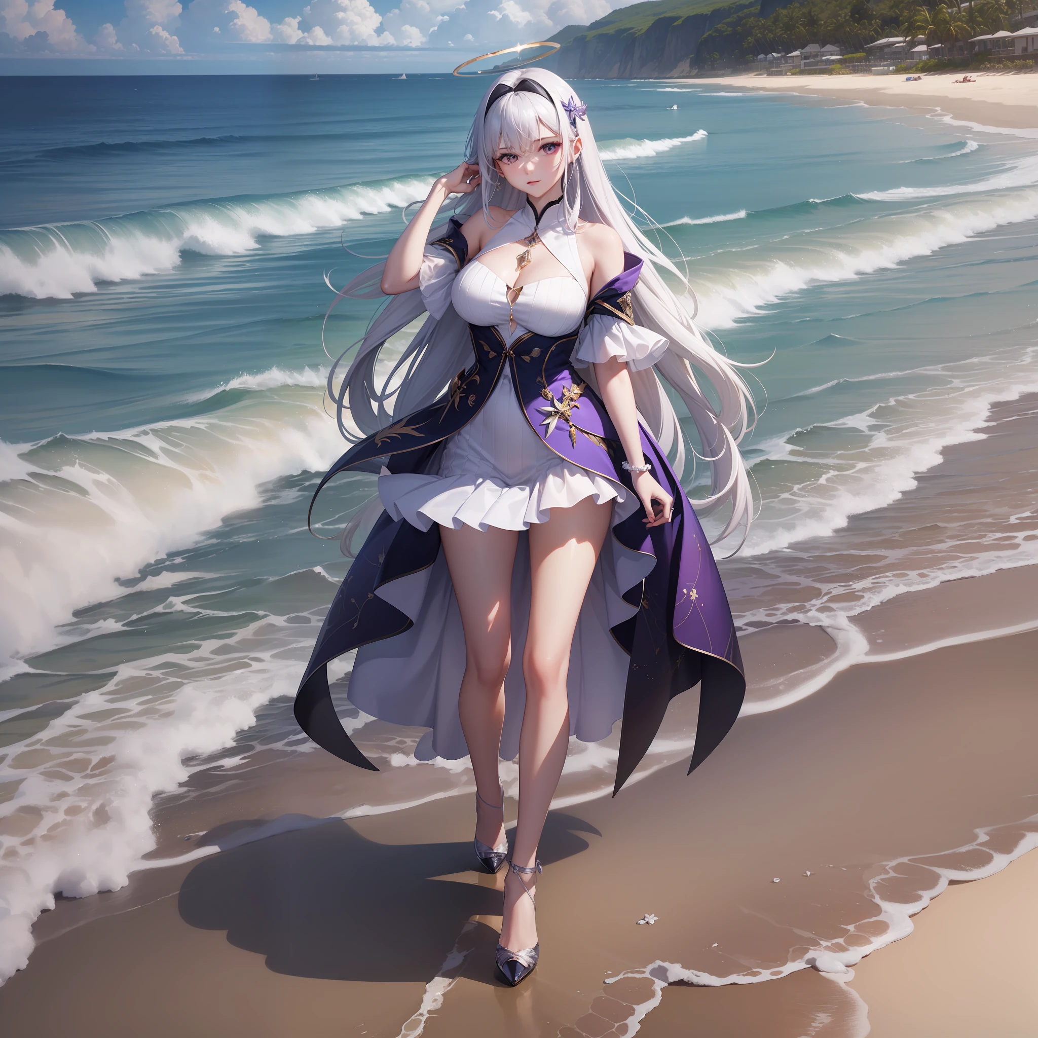 (the Extremely Detailed CG Unity 8K Wallpapers,best qualtiy,tmasterpiece),Long white hair with purple tinge,On the beach by the sea,Dynamic and elegant posture,Short skirt with white gold trim,a glowing halo,high-heels。
