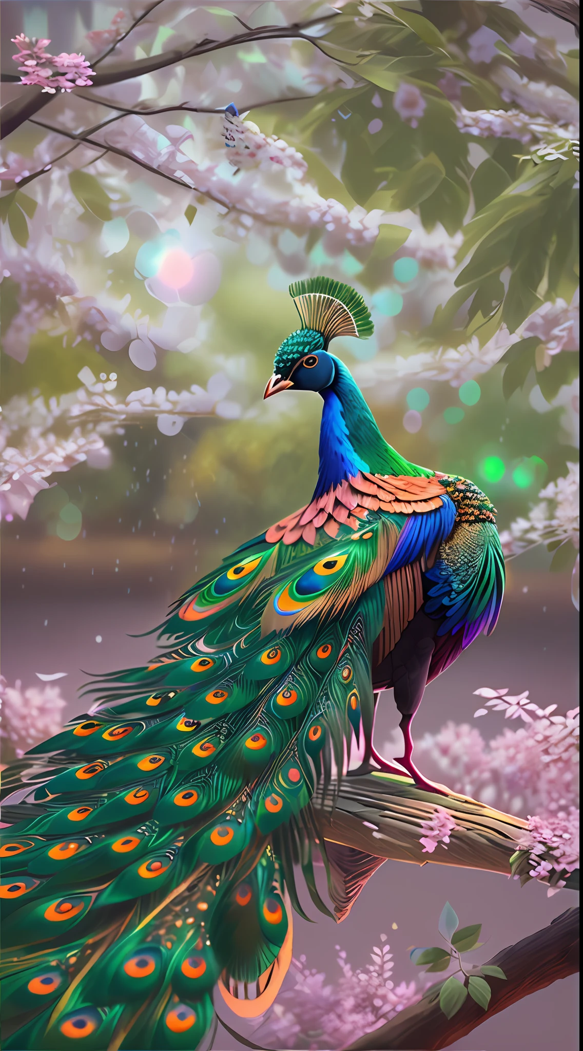 A colorful peacock,Colorful feathers,The feathers are brightly colored and layered,Standing on a branch。(The peacock faces sideways:1.3),(The peacock picture is centered),(medium distance)Ultra photo realsisim,super-fine,超高分辨率,8K,Premium wallpapers,Highest image quality,3D,C4D