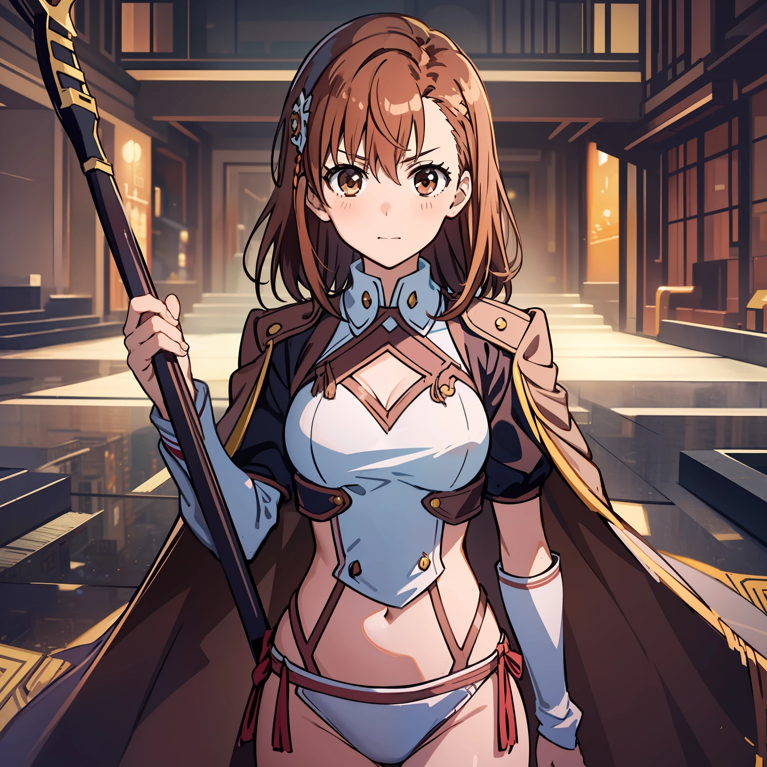 mirando al espectador, 1girl, solamente, La mejor calidad, brown hair, brown eyes, armadura medieval, electric, Misaka Mikoto, cuerpo completo, sonrojarse, Cara seria, Scythe in hand, armadura plateada