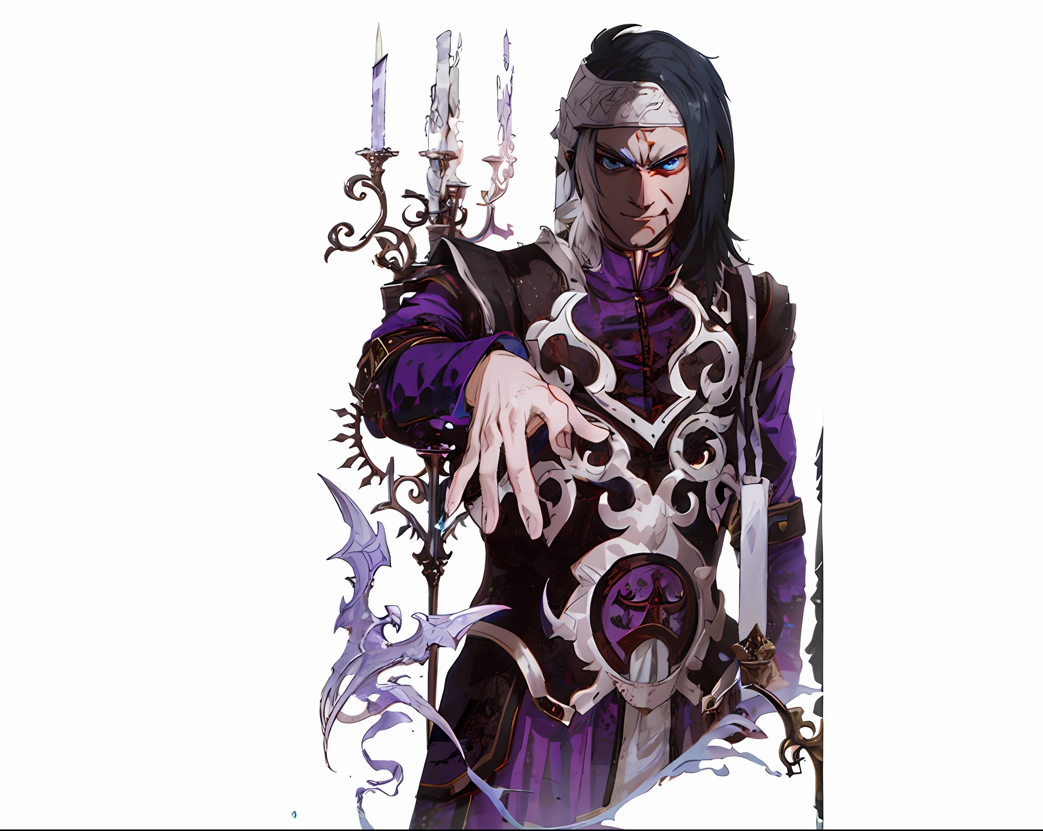 um close up de uma pessoa em uma fantasia segurando uma vela, male vampire of clan banu haqim, feiticeiro masculino malvado, picture of a male cleric, rsrs, nobre elfo macho em vestes pretas, vampire of clan lasombra, velho feiticeiro macho, necromante masculino, inspirado por Li Kan, Lich Demon Mage Classe