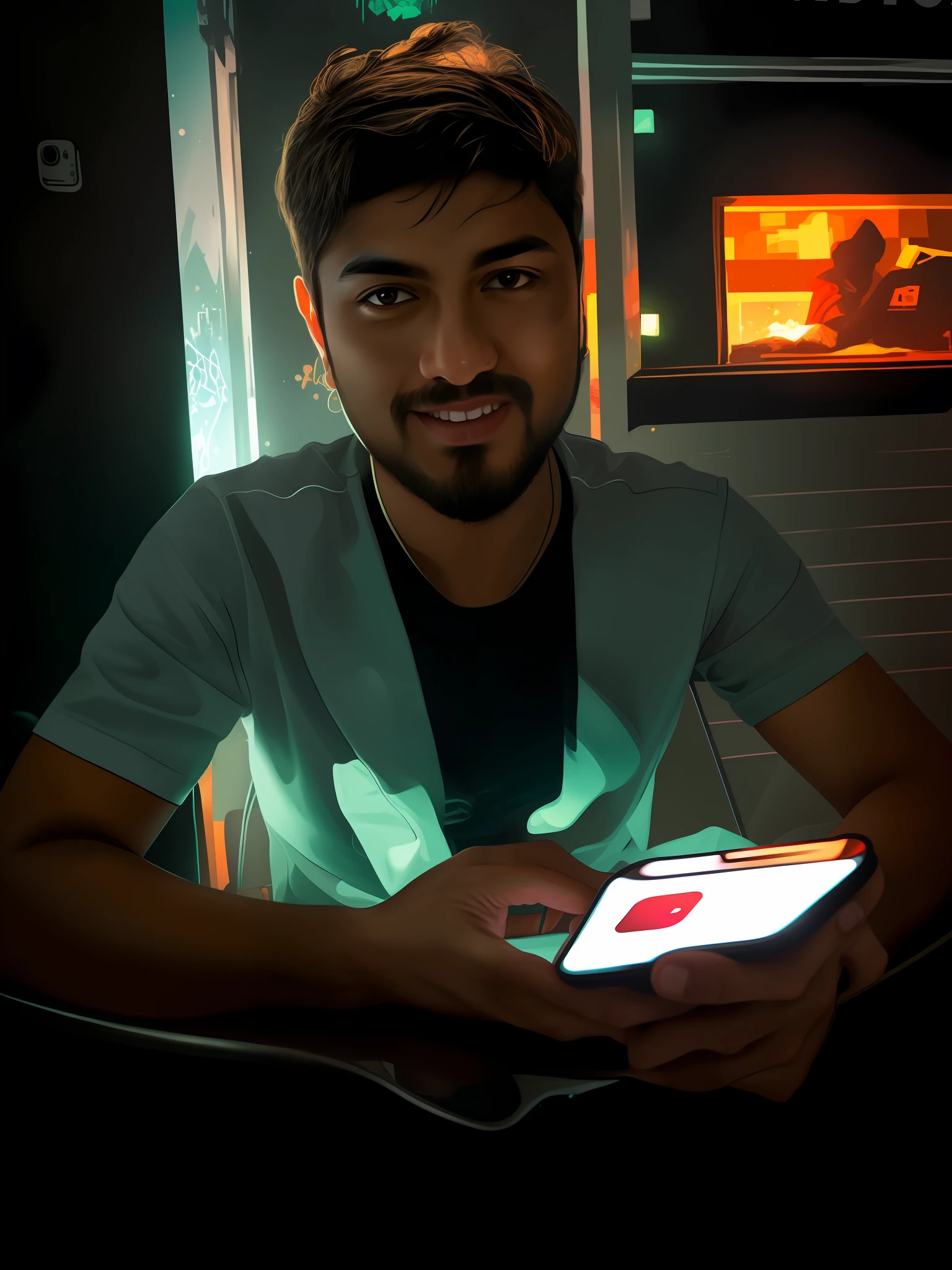 there is a man sitting at a table with a cell phone, khyzyl saleem, jayison devadas, candid picture, very very low quality picture, kyza saleem, portait photo profile picture, inspired by Saurabh Jethani, taken with sony alpha 9, enes dirig, aykut aydogdu, profile picture 1024px cyberpunk style dress futuristic bacground