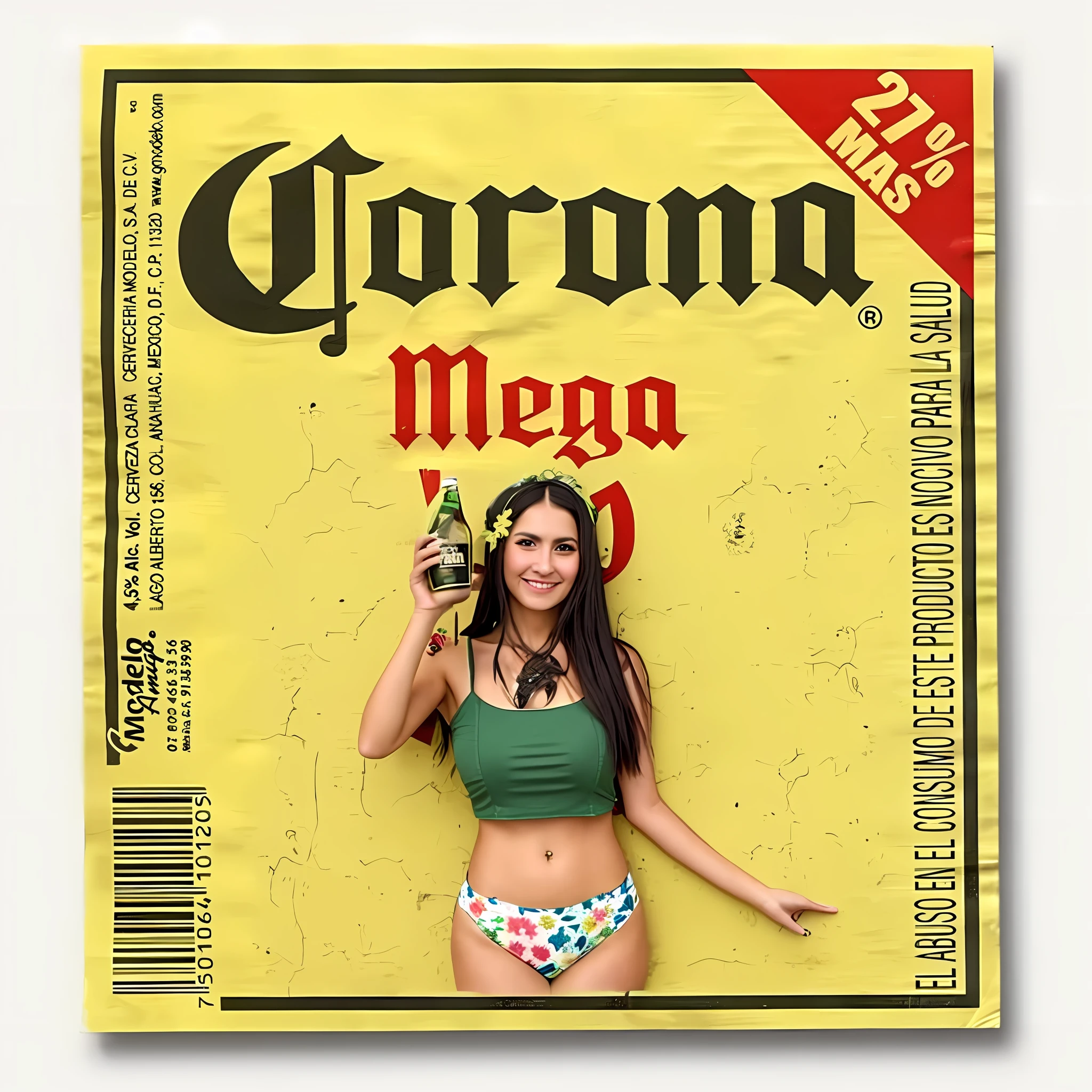 Beautiful woman dressed as a Mexican posing next to a donkey on the beach while holding Corona beer in a high-quality photographic style