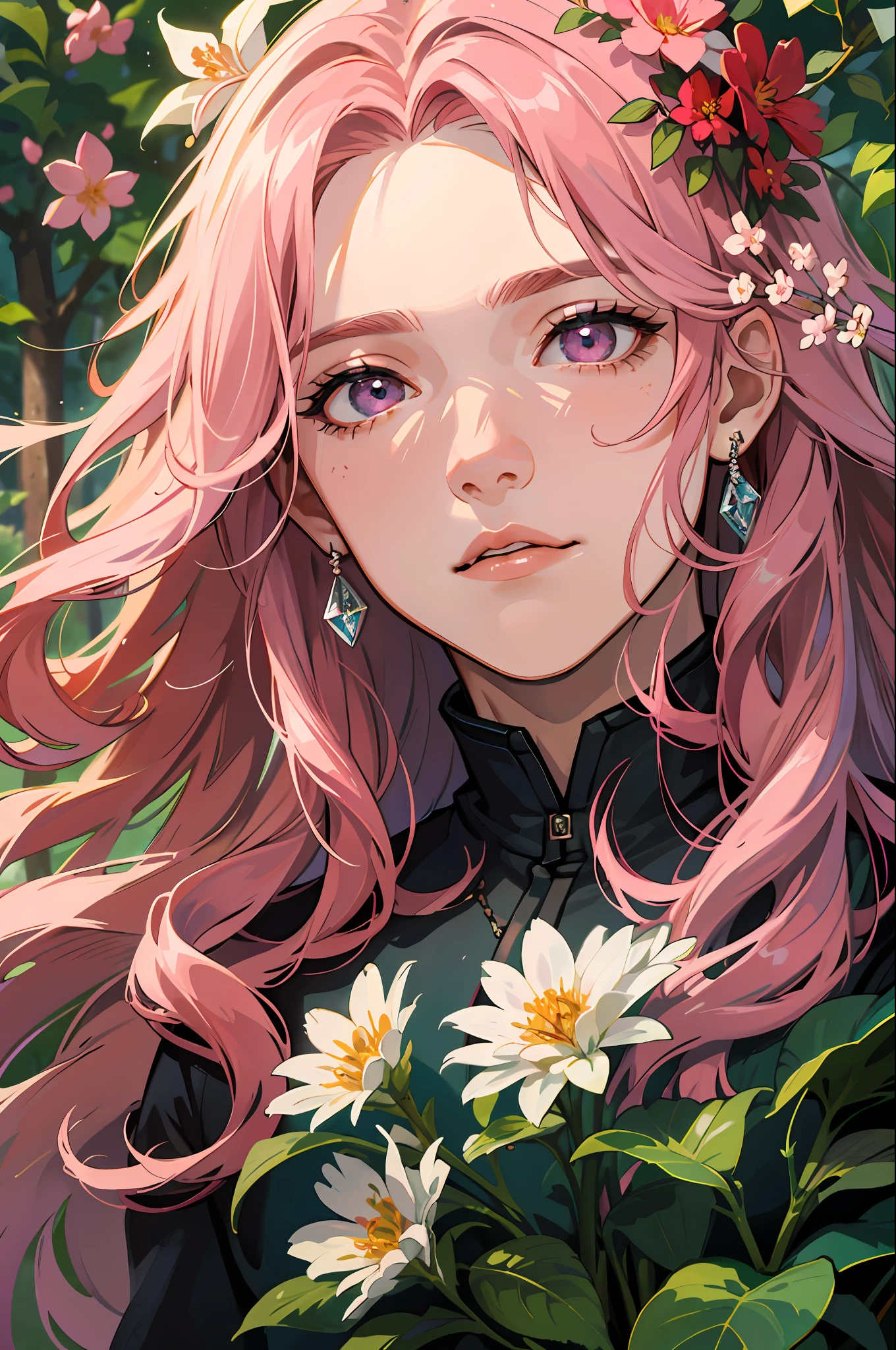 (absurdres, highres, ultra detailed), 1 male, adult, handsome, tall muscular guy, broad shoulders, finely detailed eyes, very long hair, pink hair, wavy hair, flowers, diamond, jewelry, garden, forest, portrait, (dutch angle), closed mouth
