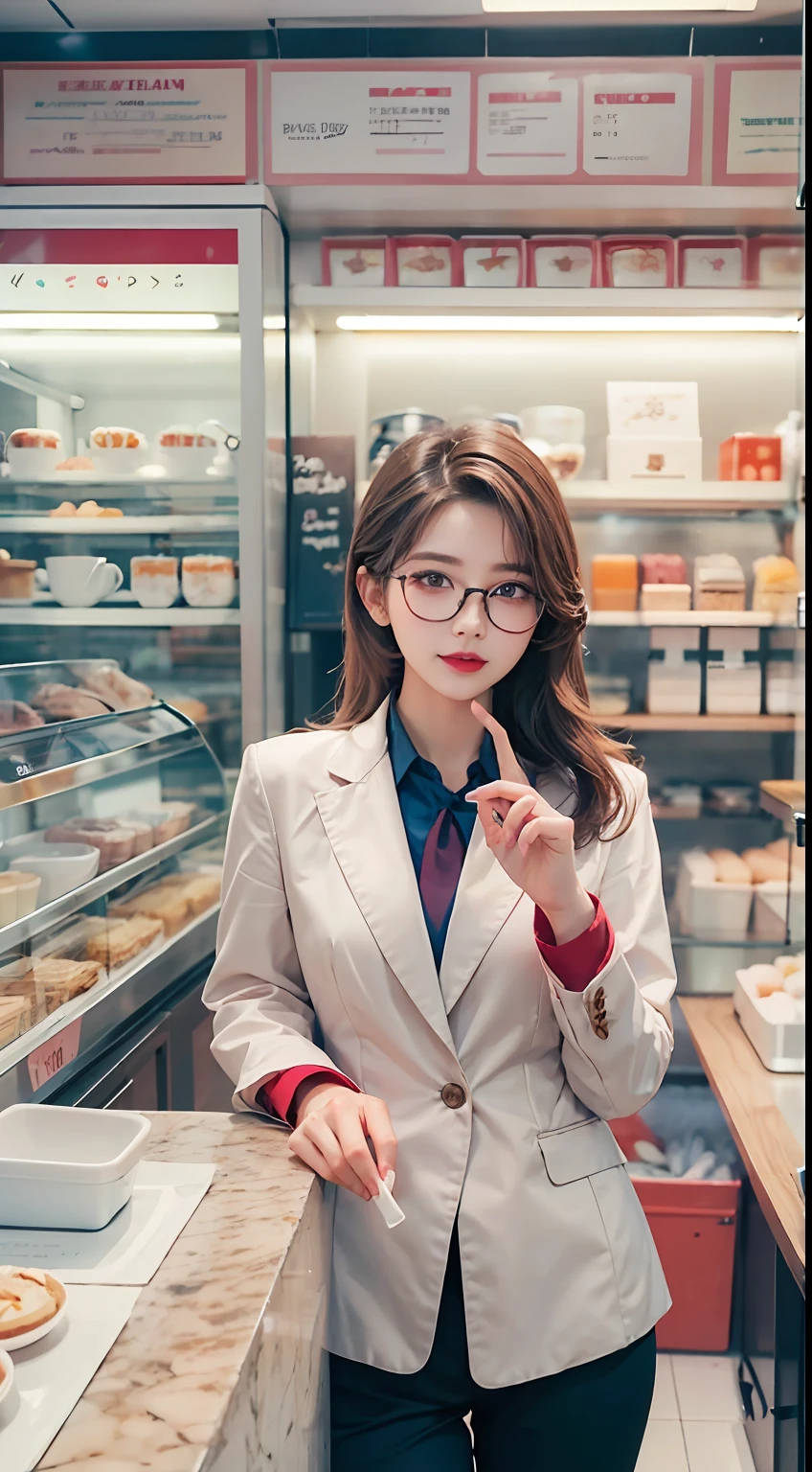 A girl with glasses pointed at the camera and coquettishly,eye glass,Business suit,Redlip,Milk tea shop,Realiy,full bodyesbian