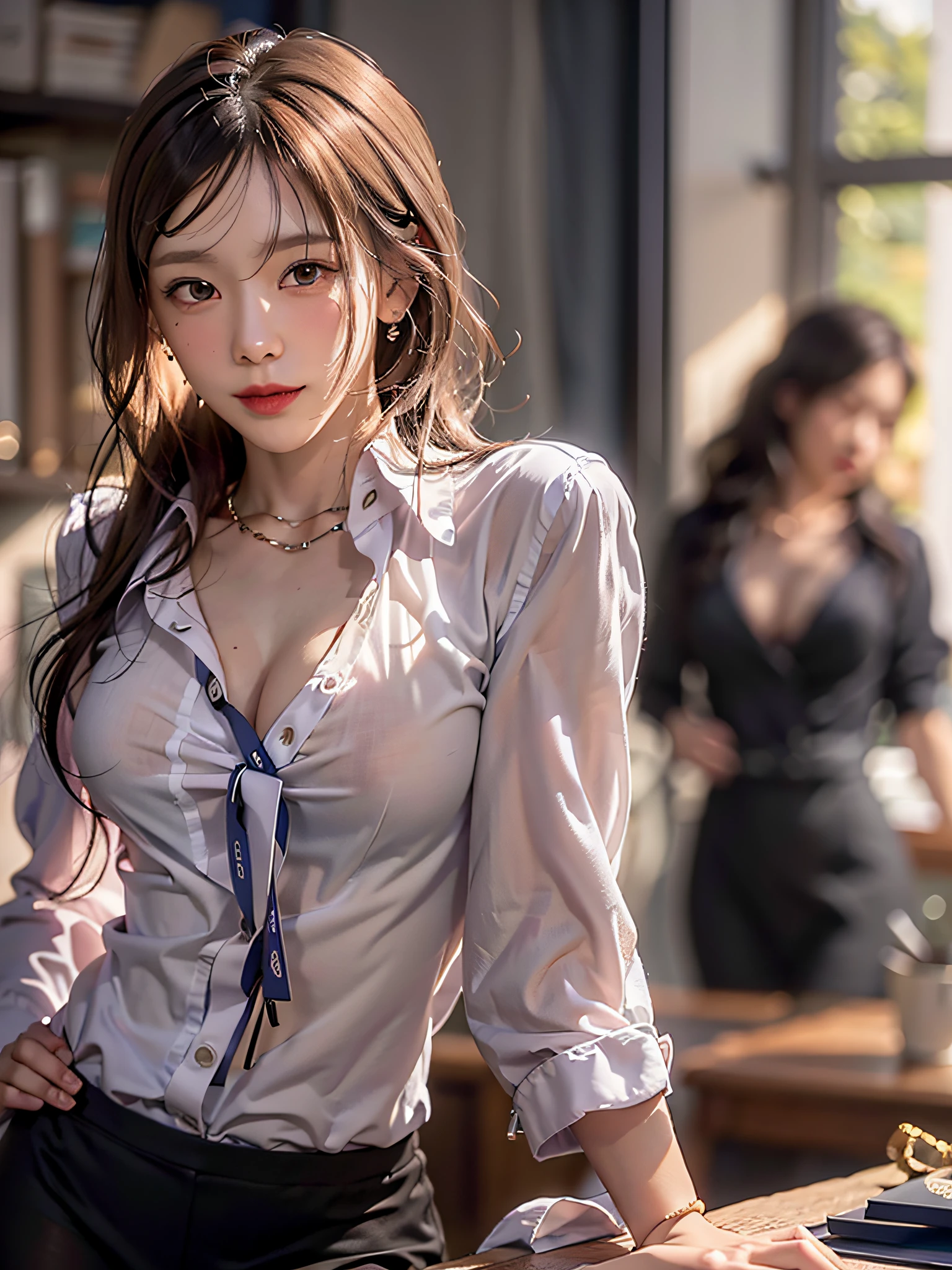 film photography, 1girl, office lady, black officeblazer, officeskirt, (pantyhose:1.2), (short buttoned down shirt:1.2), buttoned up collarprim, buttoned down collarprim, bra, (pantyhose:1.2), alphalayers, highheels, beautiful earrings, cleavage, seductive smile, medium breast, full body, drunk blush:1.5, black wavy shoulder-length hair, serene, calm, (realistic detailed eyes, natural skin texture, realistic face details), soft dramatic lighting, depth of field, bokeh, vibrant details, finely detailed, hyperrealistic