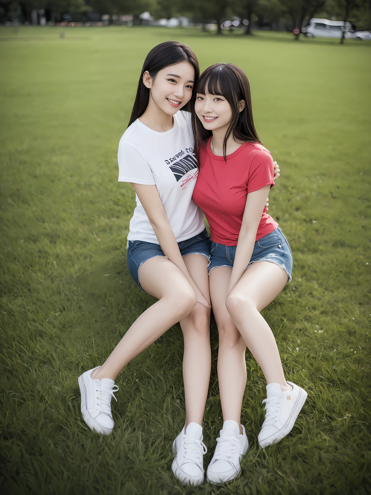 （超高分辨率，RAW photogr，realisticlying，tmasterpiece，best qualtiy：1.4），Complicated details，3个女孩，3 20 year old Korean girl，Wear a loose black T-shirt and skinny jeans，Stand on the grass and take pictures，hugs，Intimate relationships，Detailed meadow，A sweet smile on a small face，Ultra-realistic facial details，The face and skin are pink and white, and luminous，Playful and coquettish pose，The calves are straight and slender:1.2，Wear high-end brand sneakers:1.0，eventide：0.3，Broad lighting，naturalshadow：1.0，超高分辨率，taking a full body photo:1.8 --auto