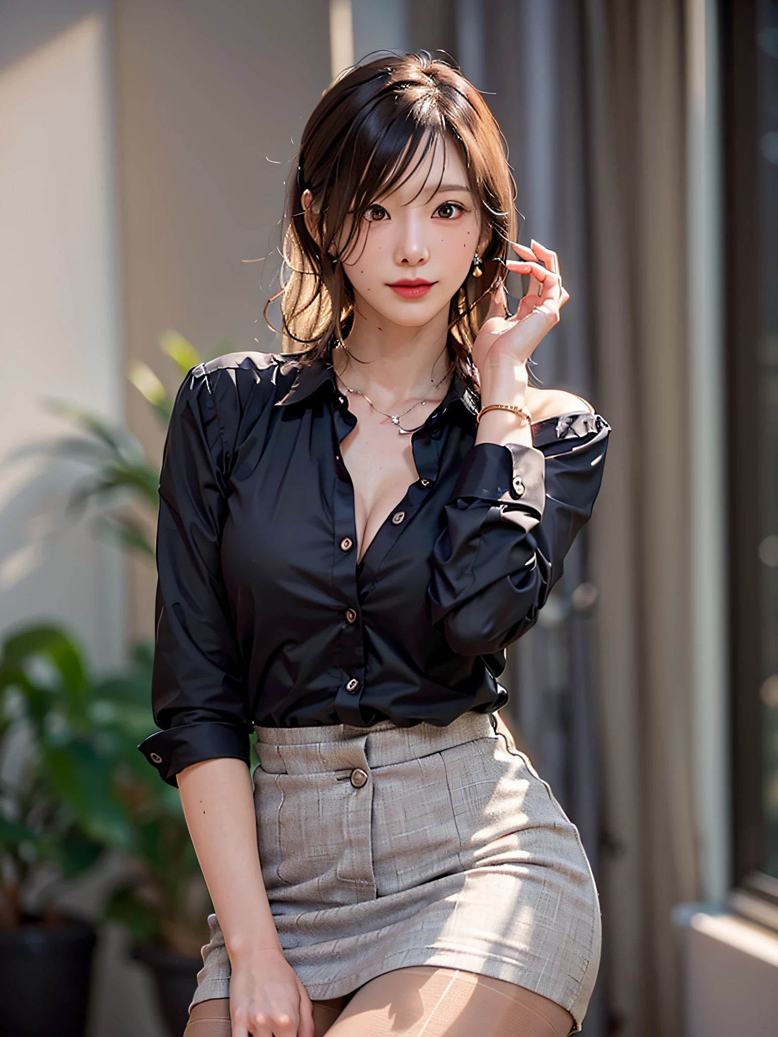 film photography, 1girl, office lady, black officeblazer, officeskirt, (pantyhose:1.2), (short buttoned down shirt:1.2), buttoned up collarprim, buttoned down collarprim, bra, (pantyhose:1.2), alphalayers, highheels, beautiful earrings, cleavage, seductive smile, medium breast, full body, drunk blush:1.5, black wavy shoulder-length hair, serene, calm, (realistic detailed eyes, natural skin texture, realistic face details), soft dramatic lighting, depth of field, bokeh, vibrant details, finely detailed, hyperrealistic