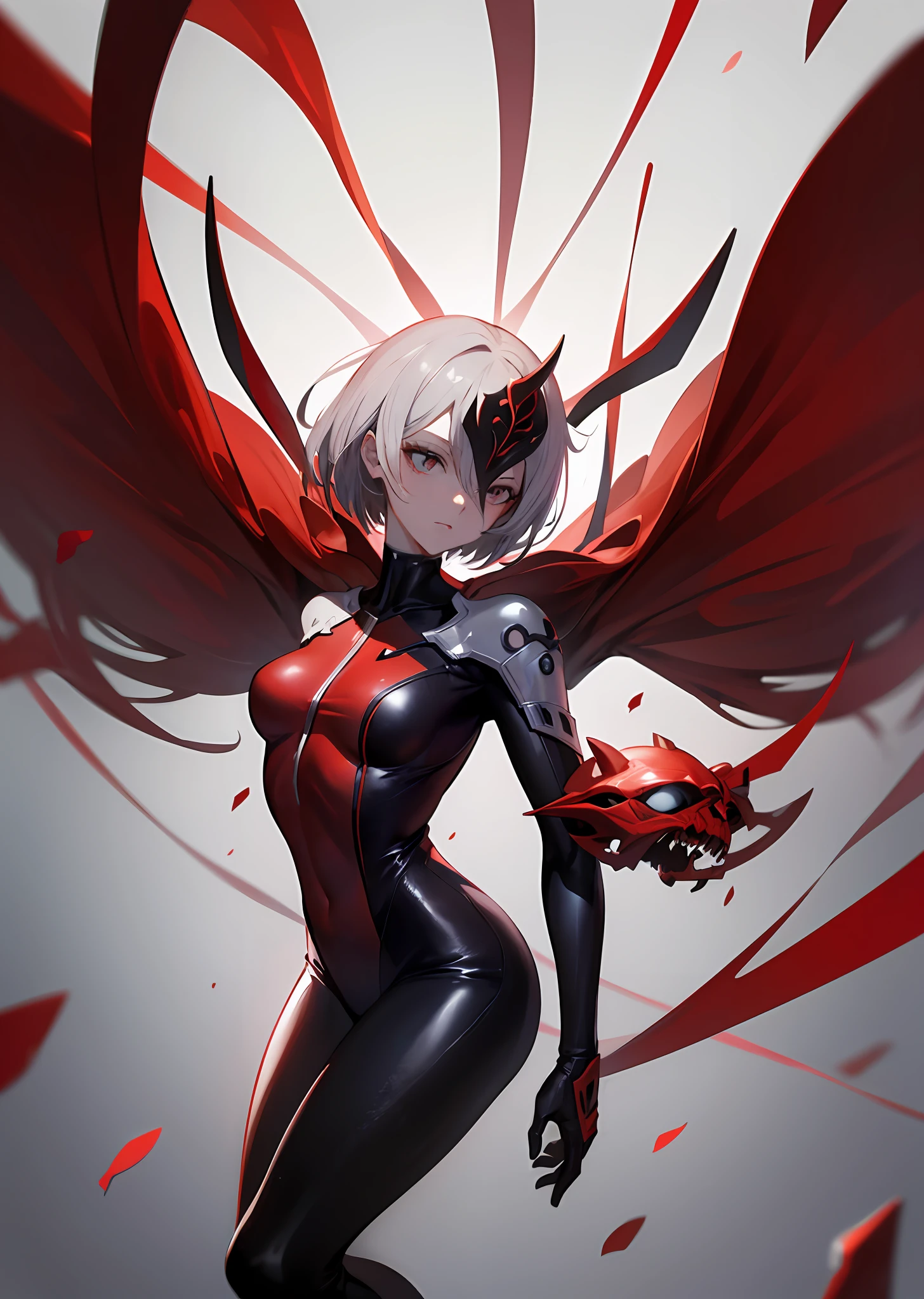 (masutepiece), Best Quality, High resolution, Ultra-detailed, Vivid texture, Mask、Stand up to the powerful, A tight bodysuit that emphasizes her gorgeous figure, Dynamic lighting, Ruby red/Black contrast, cinematic view, intense emotion, Immersive experience, timeless beauty, Breathtaking.