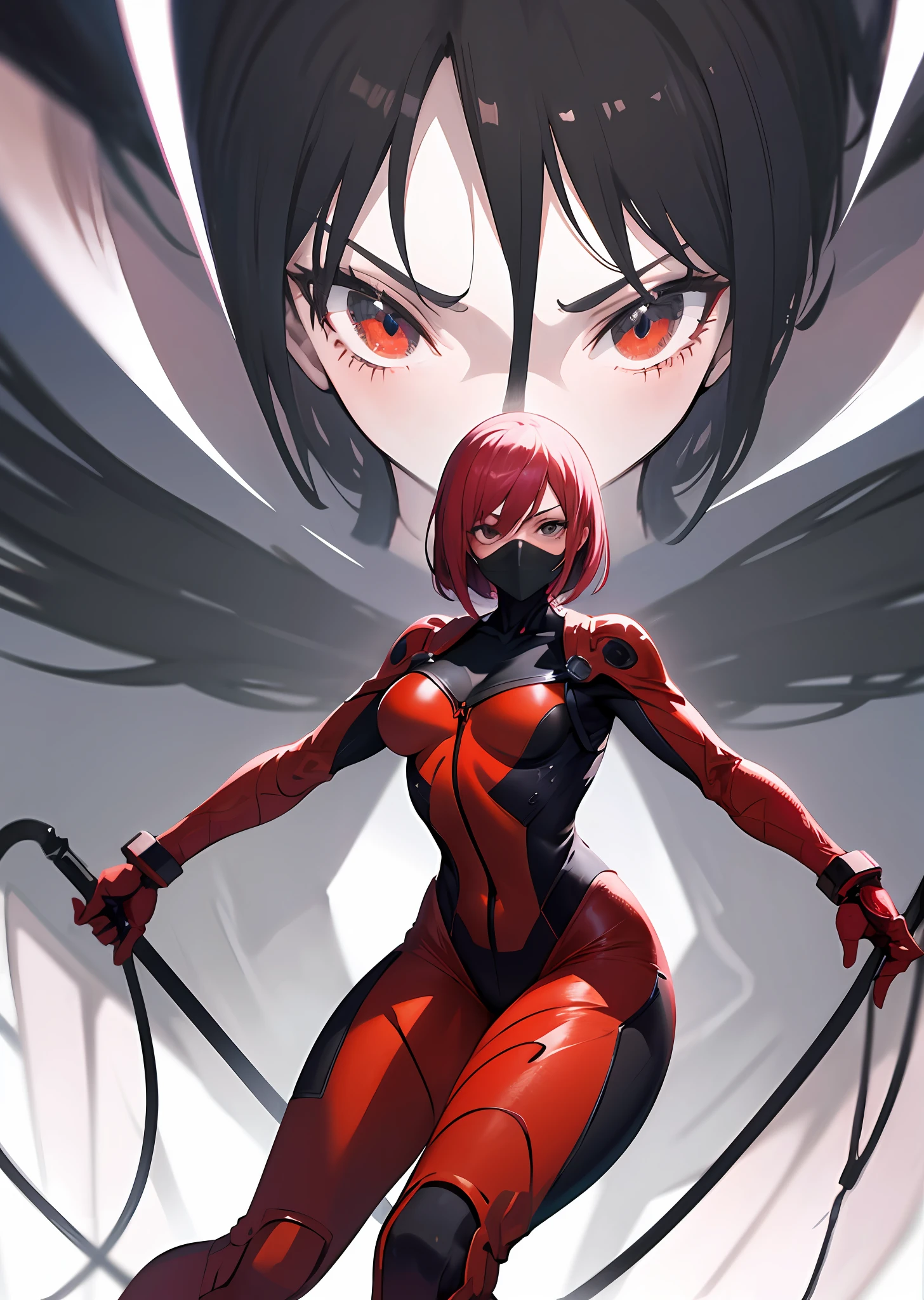 (masutepiece), Best Quality, High resolution, Ultra-detailed, Vivid texture, Mask、Stand up to the powerful, A tight bodysuit that emphasizes her gorgeous figure, Dynamic lighting, Ruby red/Black contrast, cinematic view, intense emotion, Immersive experience, timeless beauty, Breathtaking.
