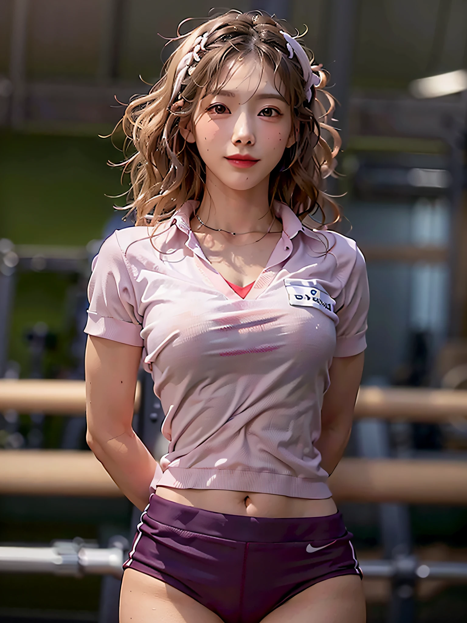 film photography, 1girl, sexy pose,(( gym uniform,breasts slit, navel)), seductive smile, medium breast, full body, drunk blush:1.5, wavy shoulder-length hair, serene, calm, (realistic detailed eyes, natural skin texture, realistic face details), soft dramatic lighting, depth of field, bokeh, vibrant details, finely detailed, hyperrealistic