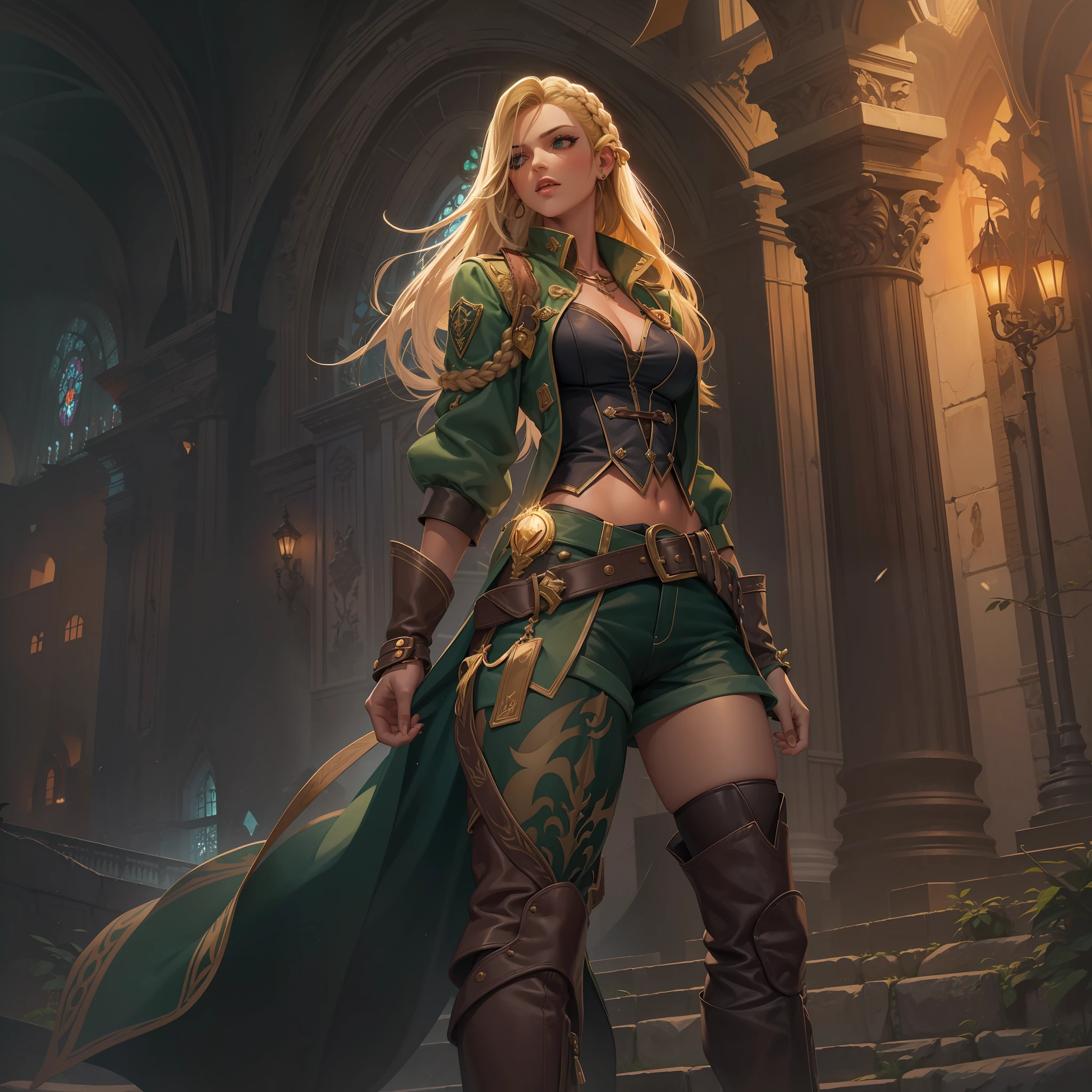 mulher loira de shorts curto, roupa verde e branca, cabelo loiro, cabelo dourado, cabelo longo, plaits, botas brancas, castlevania, sensual, dynamic lights, dinamic angle