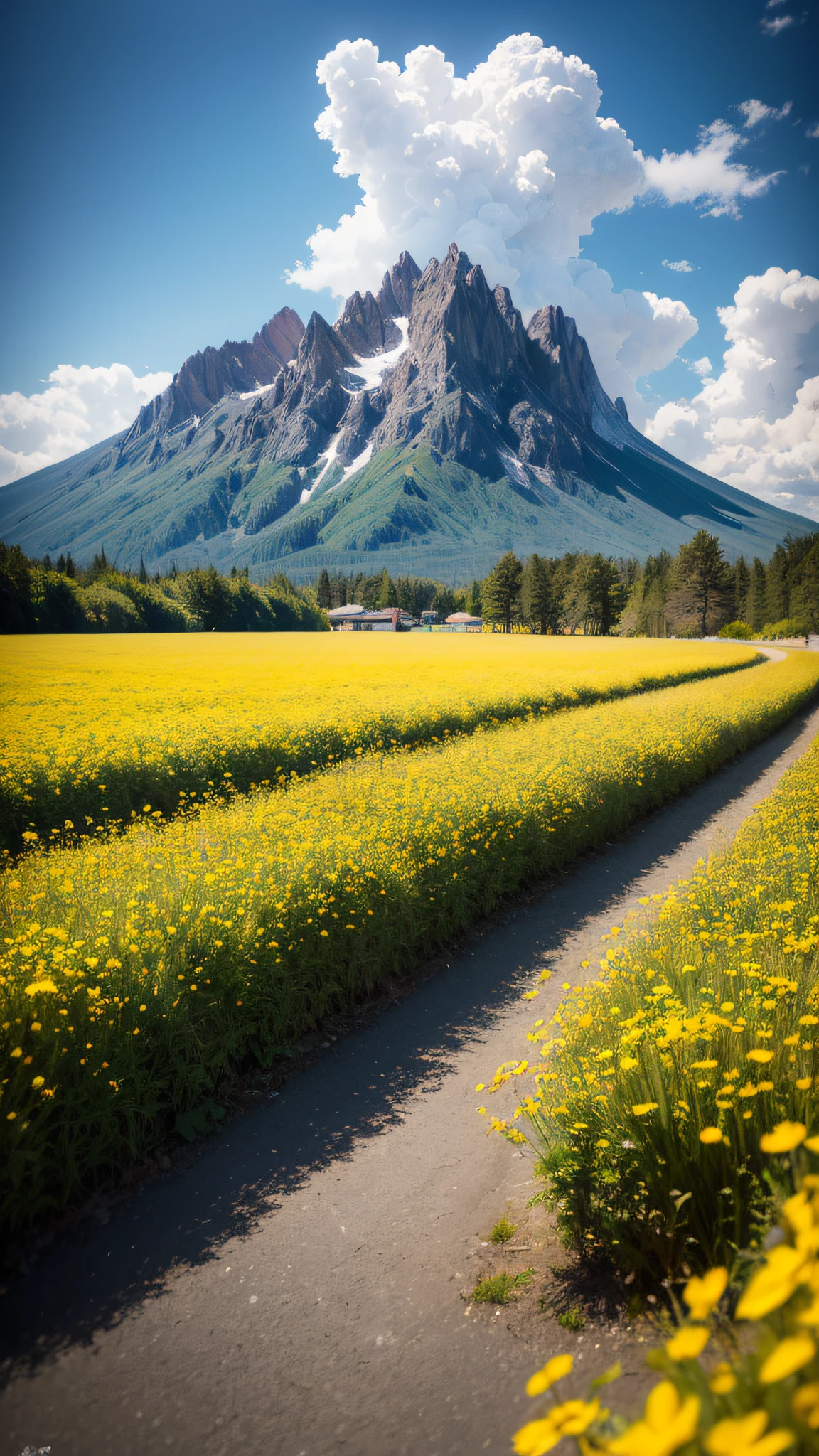 Summer, meadows, a few small flowers, clear lakes, heaven, big clouds, blue sky, hot weather, HD details, surdetails, cinematic, surrealism, soft light, deep field focus bokeh, distant vistas are snowy mountains, ray tracing and surrealism. --v6