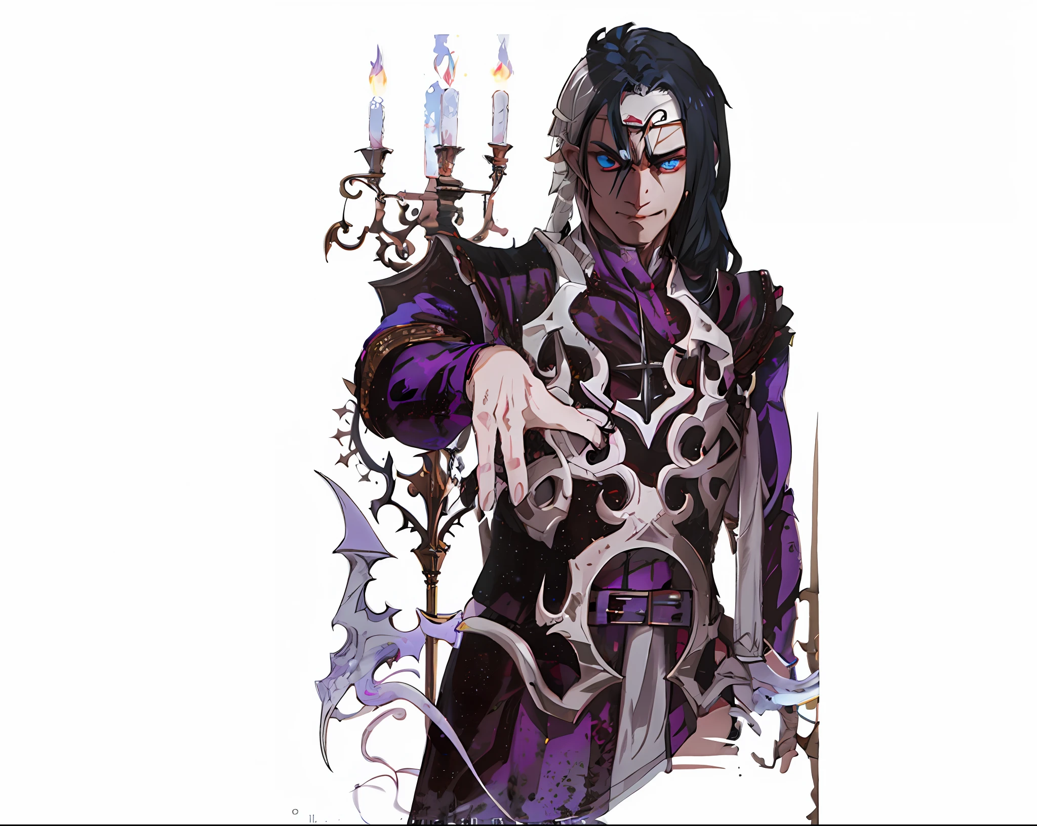 um close up de uma pessoa em uma fantasia segurando uma vela, male vampire of clan banu haqim, feiticeiro masculino malvado, picture of a male cleric, rsrs, nobre elfo macho em vestes pretas, vampire of clan lasombra, velho feiticeiro macho, necromante masculino, inspirado por Li Kan, Lich Demon Mage Classe