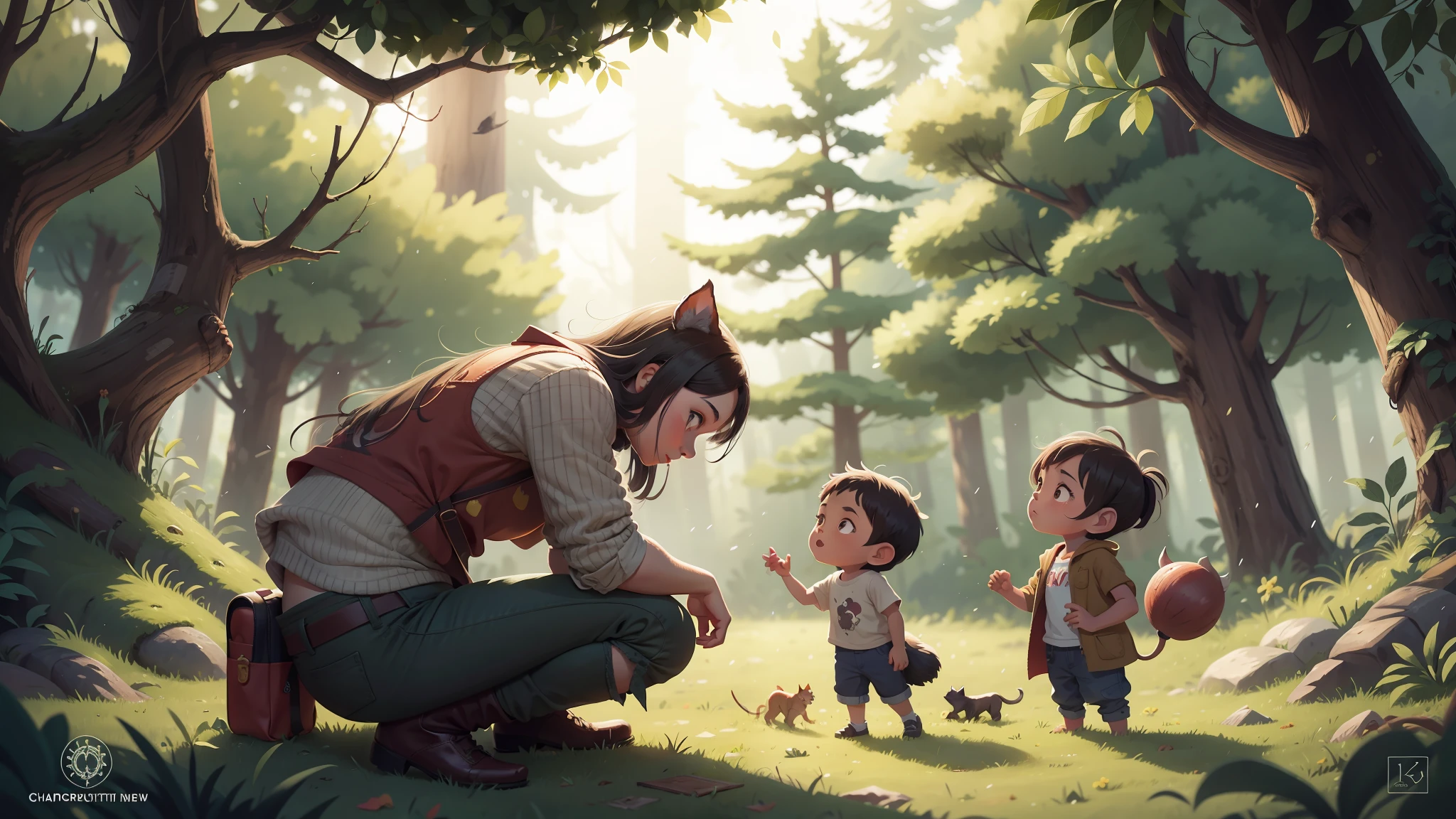[Obraprima ,--1 Garota com sobretudo vermelho e capuz::4, Floresta desencantada::1, sozinho, olhando o werewolf::3, pencil style::1,Children's book Art style illustration, || --1 Werewolf with torn pants being looked at by a girl::4 ,Floresta encantada::1,sozinho,visto::3,pencils::1,Children's book Art style illustration,] , Illustration for children's book,