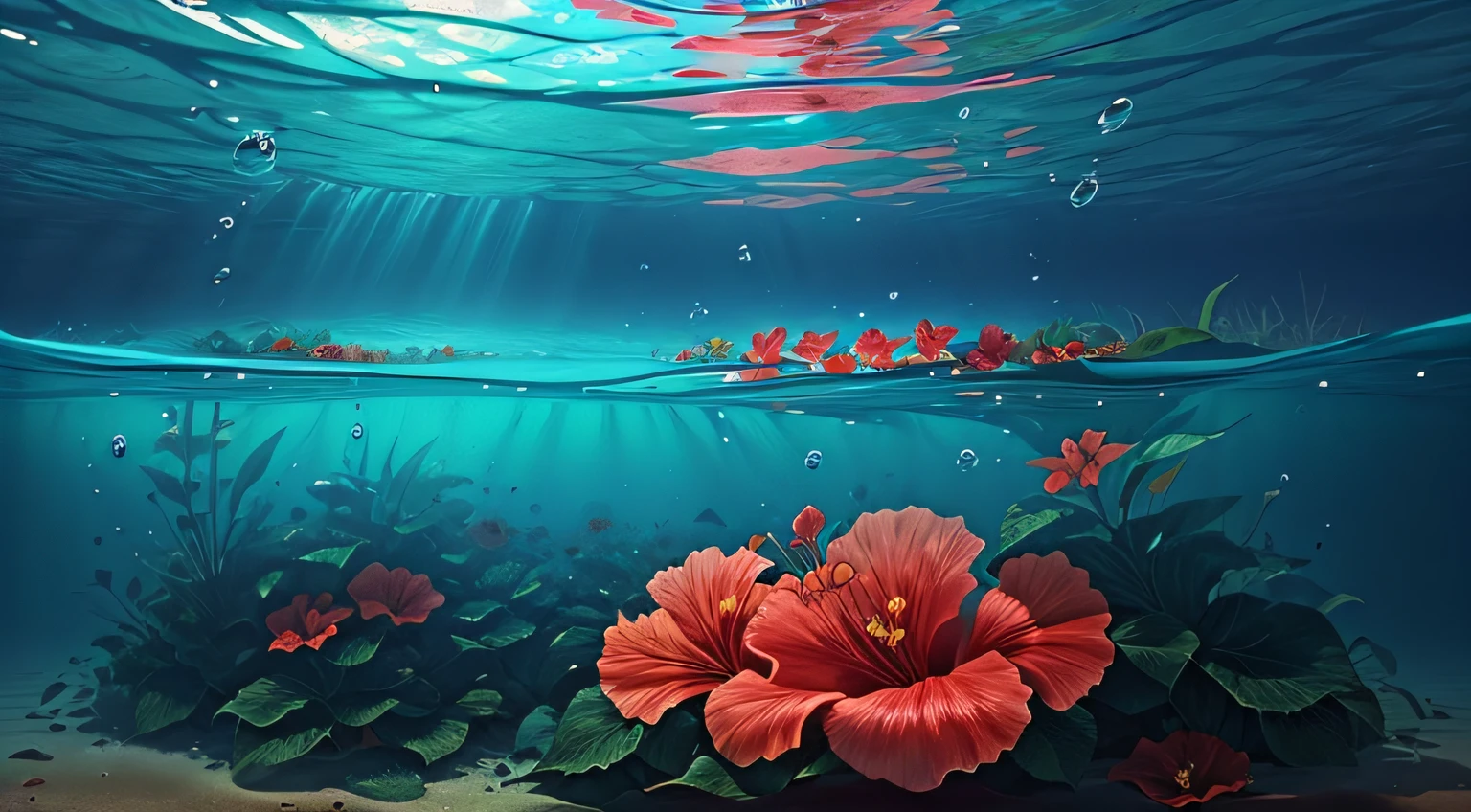 Hibiscus flowers flow under the water，The view is bleak，Heartbroken