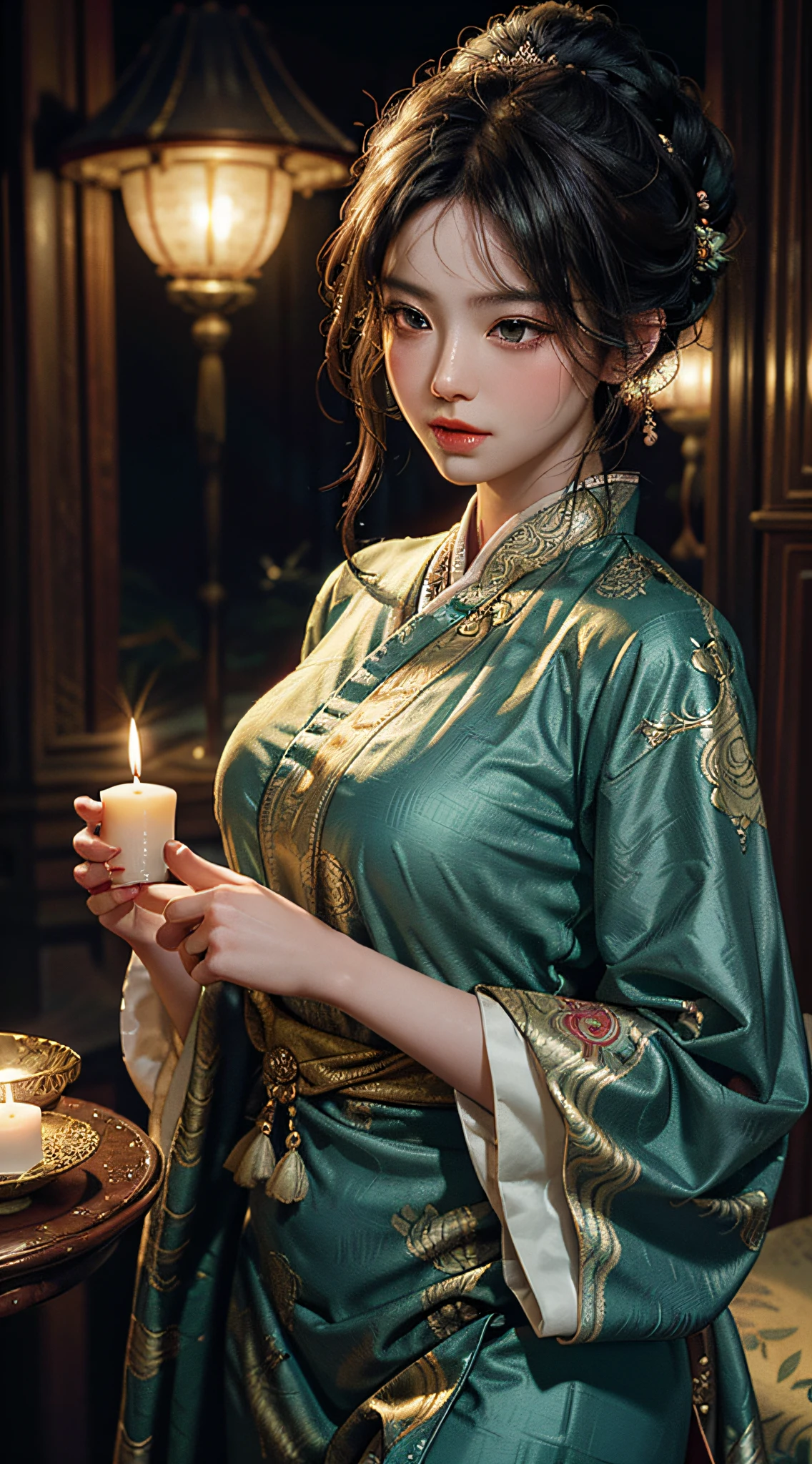 The art depicts a charming woman dressed in a flowing, silky traditional oriental dress decorated with intricate patterns and bright colors. Her dress drapes elegantly over her curvy figure, accentuating her seductive silhouette. She stood gracefully in the quiet moonlit night, bathed in the soft glow of the moonlight. The scene exudes an ethereal and dreamy atmosphere, with a touch of mystery and sexiness. The graphic style blends watercolor and digital illustration techniques to evoke a refined beauty and charm. The candlelight is filled with soft moonlight, casting soft highlights and shadows on her charming features.