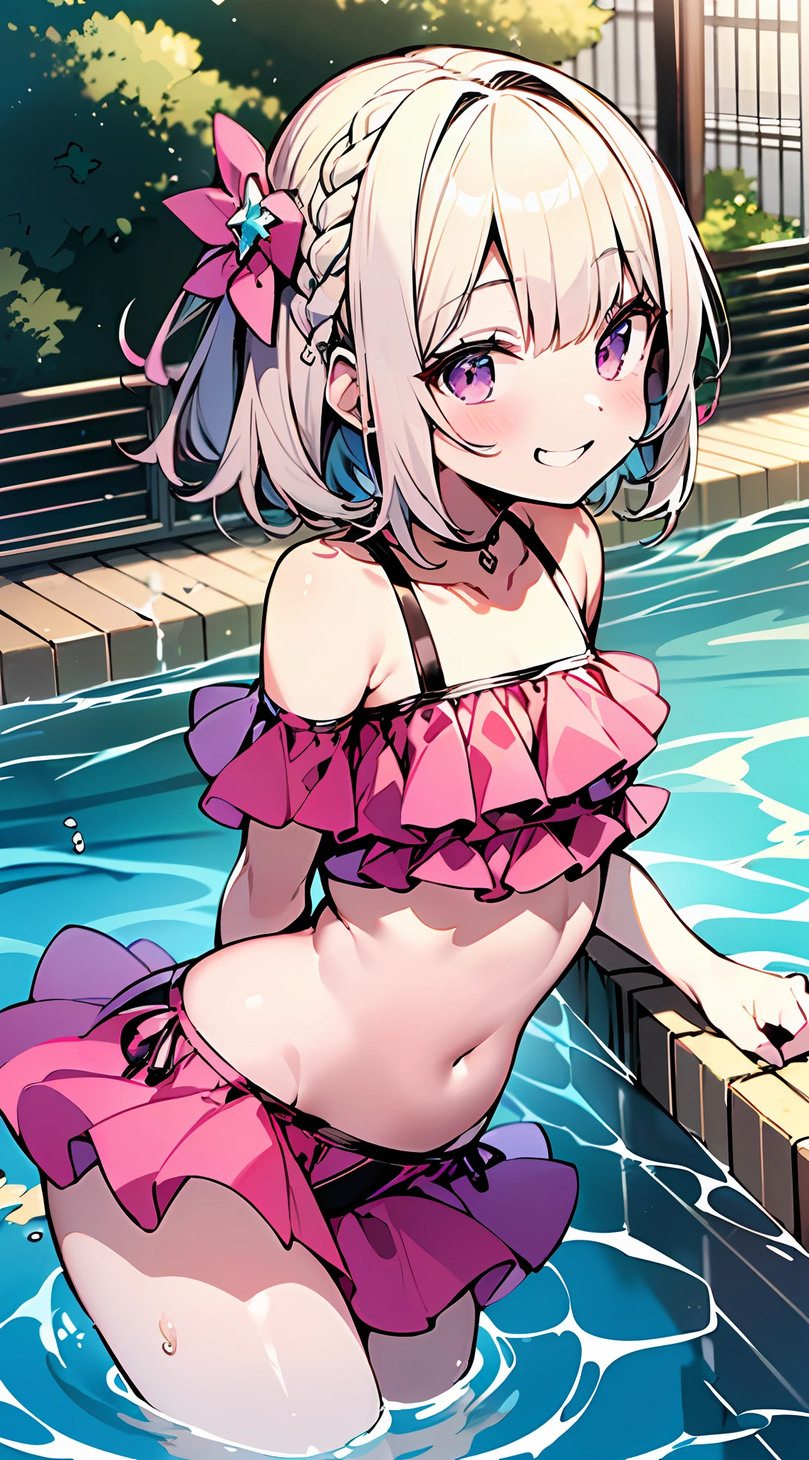 (Incredibly ridiculous absolute resolution:1.5)、hiquality、top-quality、masuter piece、Anime girl in pink and white bikini, 魅惑的、Anime Loli, 8k Manga Wallpapers, Smile、Shy laughter、((small curvy loli))、  pretty anime girl,((swimming pools))、(Medium Shorthair)、(short braided hair)