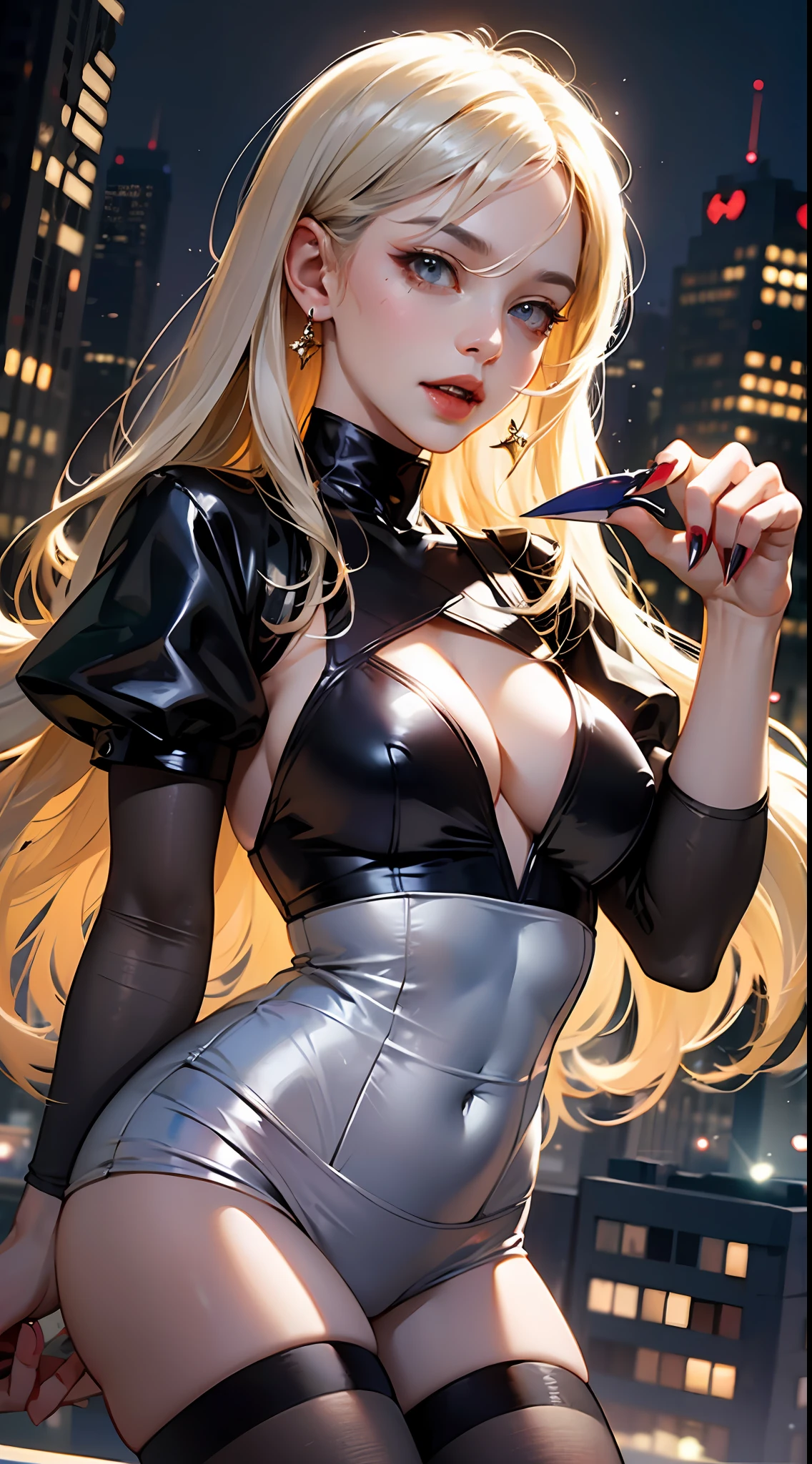 Enchanting Golden Scoundrel」Sensual vampire in short silver clothes、Black tights、Staring at the viewer、Flowing blonde hair、menacing gaze、Sparkling vampire fangs、Stain her pale face、Large, Sharp claws are ready to pounce、In a dark vision of the city at night