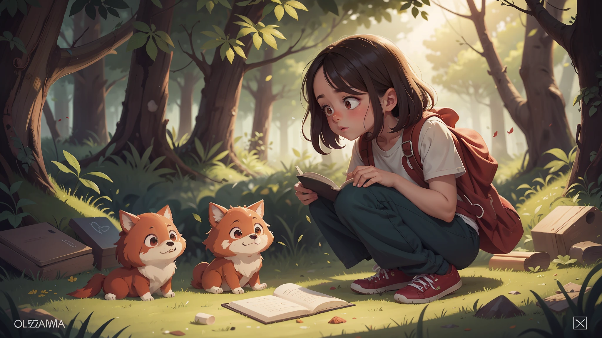 [Obraprima ,--1 Garota com sobretudo vermelho e capuz::4, Floresta desencantada::1, sozinho, olhando o werewolf::3, pencil style::1,Children's book Art style illustration, || --1 Werewolf with torn pants being looked at by a girl::4 ,Floresta encantada::1,sozinho,visto::3,pencils::1,Children's book Art style illustration,] , Illustration for children's book,