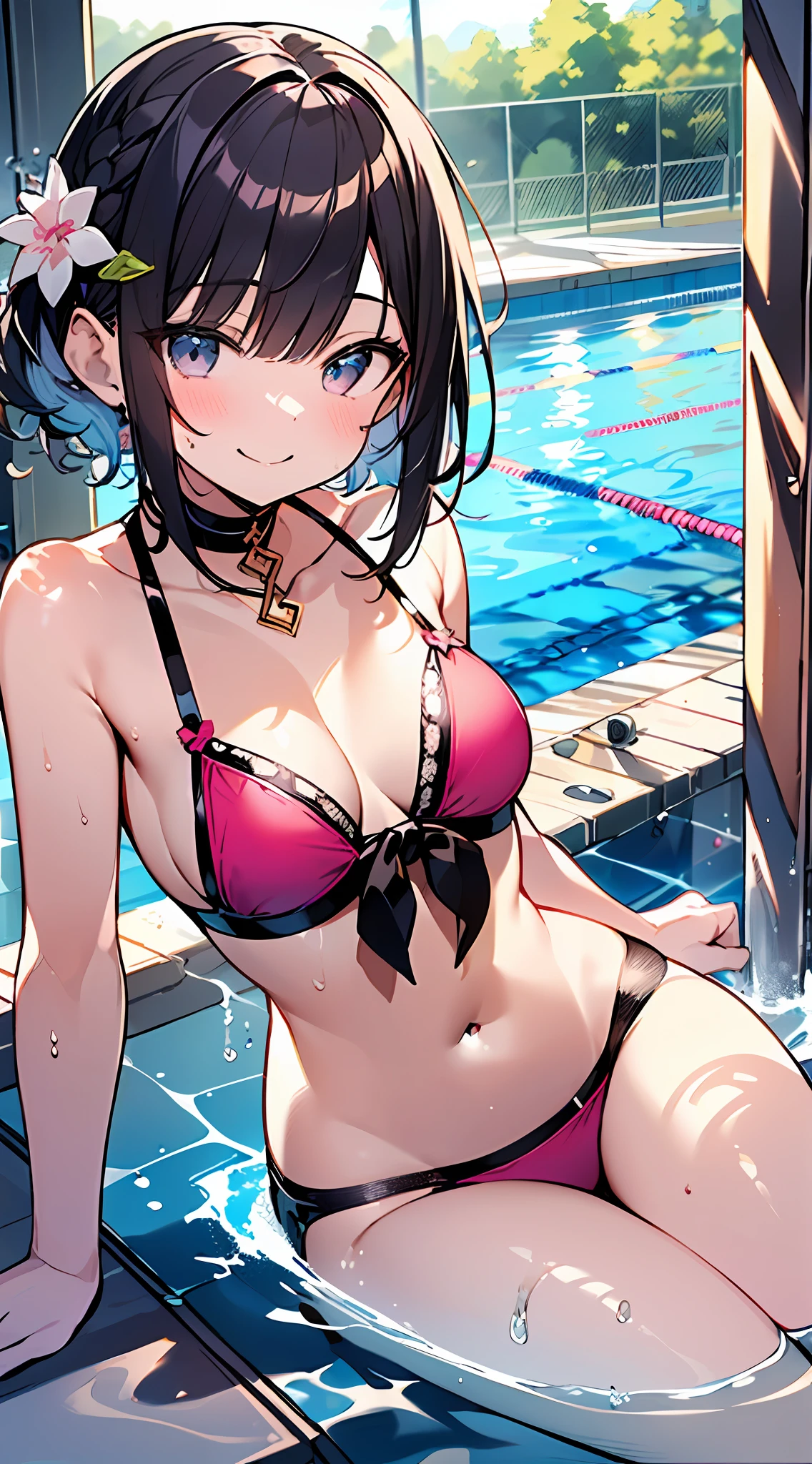 (Incredibly ridiculous absolute resolution:1.5)、hiquality、top-quality、masuter piece、Anime girl in pink and white bikini, 魅惑的、Anime Loli, 8k Manga Wallpapers, Smile、Shy laughter、((small curvy loli))、large full breasts、pretty anime girl,((swimming pools))、(Medium Shorthair)、(short braided hair)