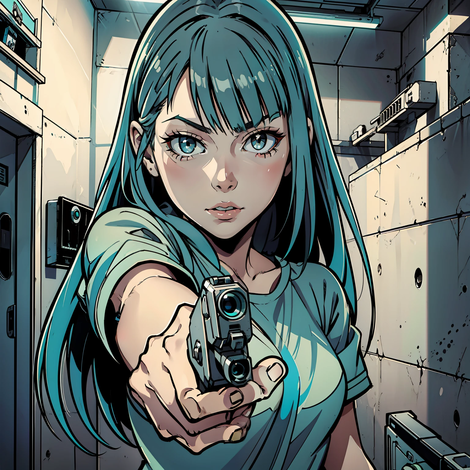 1girl, grey eyes , long aqua hair , aiming at viewer, holding pistol, handgun, masterpiece, detailed shadows, detailed light, highly detailed, best quality, HD, 4K, high quality,