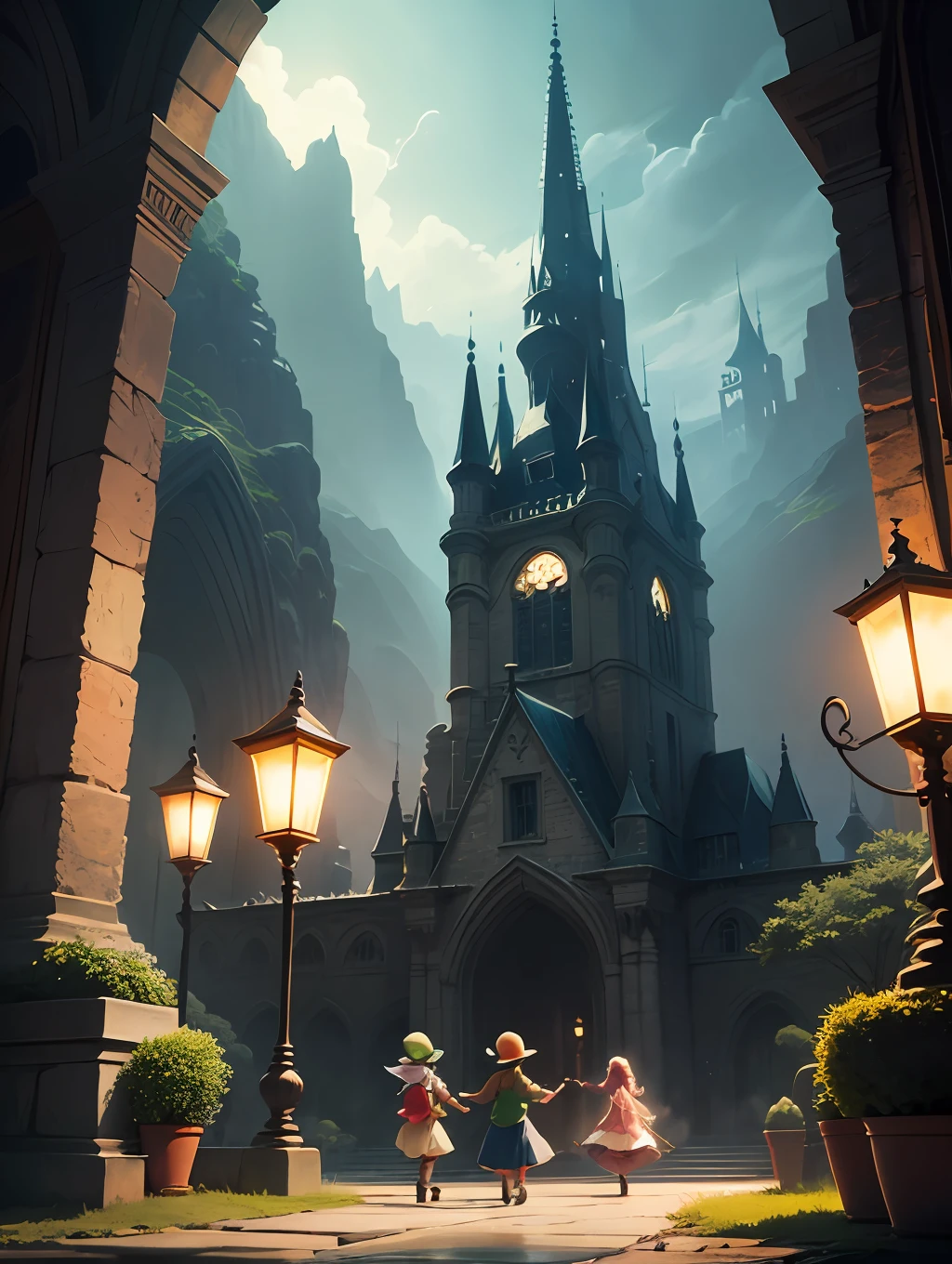 a fairy world,dream colors,Beautiful picture book effect,brilliant colorful,Leprechaun-like scene,Fantasy characters,Vivid,Childhood memories,Warm emotions,Delicate depiction。