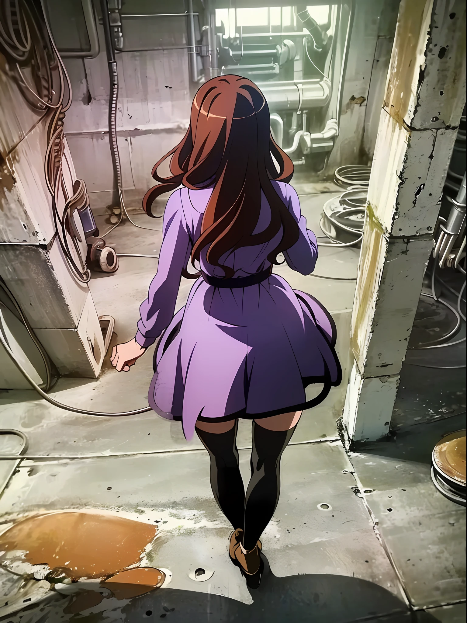 ((((a fist)))).((((punching out)))),((((angle from above)))),((((angle from behind)))),(((the side of the fist))),(at night),((((dramatic shadows)))),
highres, shizuri1, 1girl, solo, thighhighs, brown hair, long hair, brown eyes, black thighhighs, purple dress,(((abandon factory))),
((((((((masterpiece)))))))), best quality, highly detailed, extremely detailed CG unity 8k wallpaper,illustration,sfw,
indoor,((((abandon factory)))),(at night),spotlight,(((grey background))),(grey wall),wire,pipe,(night),