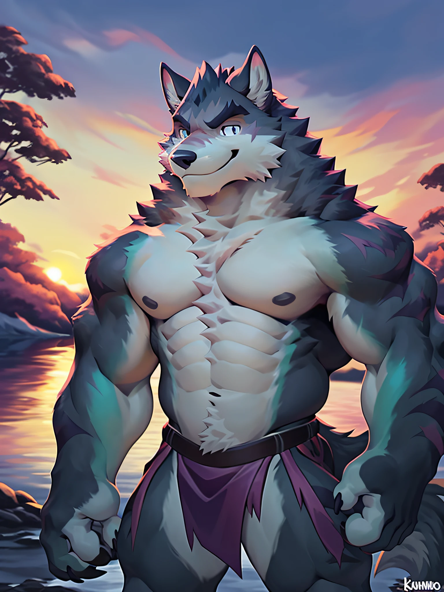 Masterpiece, High quality, absurd res, Digital painting \(artwork of a\), Solo, (komono:1.4), Male werewolves, Gray body, Ice-colored eyes, Smile, Sunset, loincloth, Deeply detailed background, Anime, (Dark shadows, Wide dynamic range, hdr, Low light:1.2).