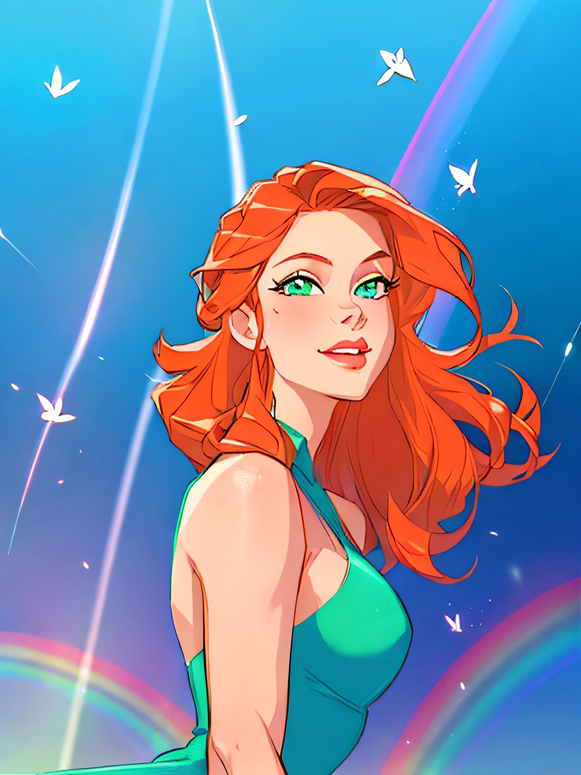 redhead woman with long red hair and green dress posing for a picture，hyper HD,（best detail），rainbow，（best qualtiy），the perfect face，naturey，Colorful，young，Youth，Pleasure，starlights，Irridescent color