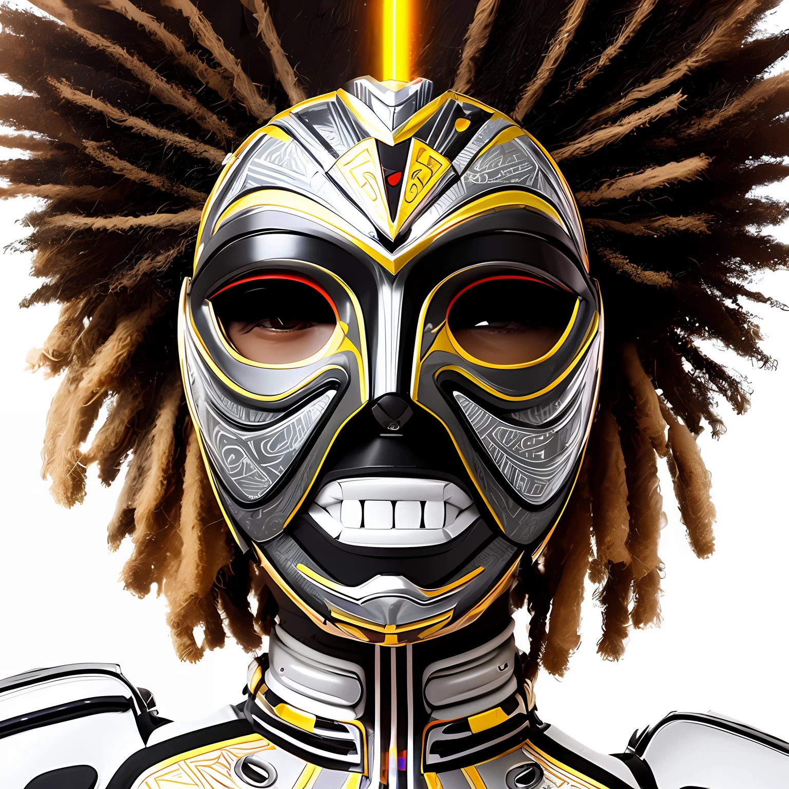 Create a super technological mask, futurista, Tribal, africana, super colorida e com muitos detalhes, fundo branco, 8k, melhor qualidade, imagem profissional, sem sombras, cores vivas, 24k