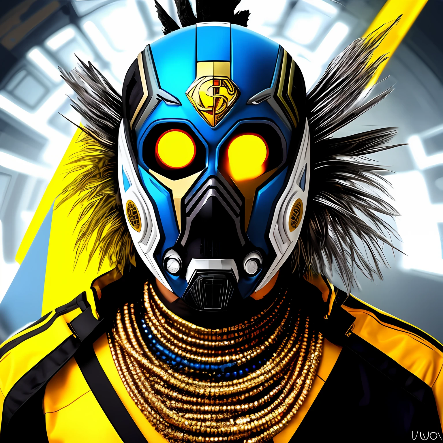 Create a super technological mask, futurista, Tribal, africana, super colorida e com muitos detalhes, fundo branco, 8k, melhor qualidade, imagem profissional, sem sombras, cores vivas, 24k