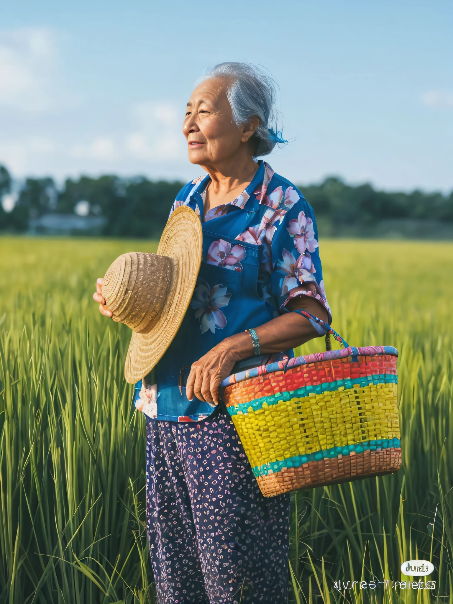 Alateni woman in a field with basket and straw hat, japanesse farmer, Old woman, vietnamese woman, Gorgeous lady, An old lady, Old lady, wearing a straw hat and overalls, Older woman, On a sunny day, woman standing in flower field, standing in a field, pexels contest winner, vibrant and vivid,Retina screen,Vertical painting shadows,Perspectiva subjetiva,atmospheric distance sense,hyper HD,Textured skin,HighestQuali,high detal,The eyes are bright and alert,Ray traching,Multiple monochromes,Cinematic lighting effects