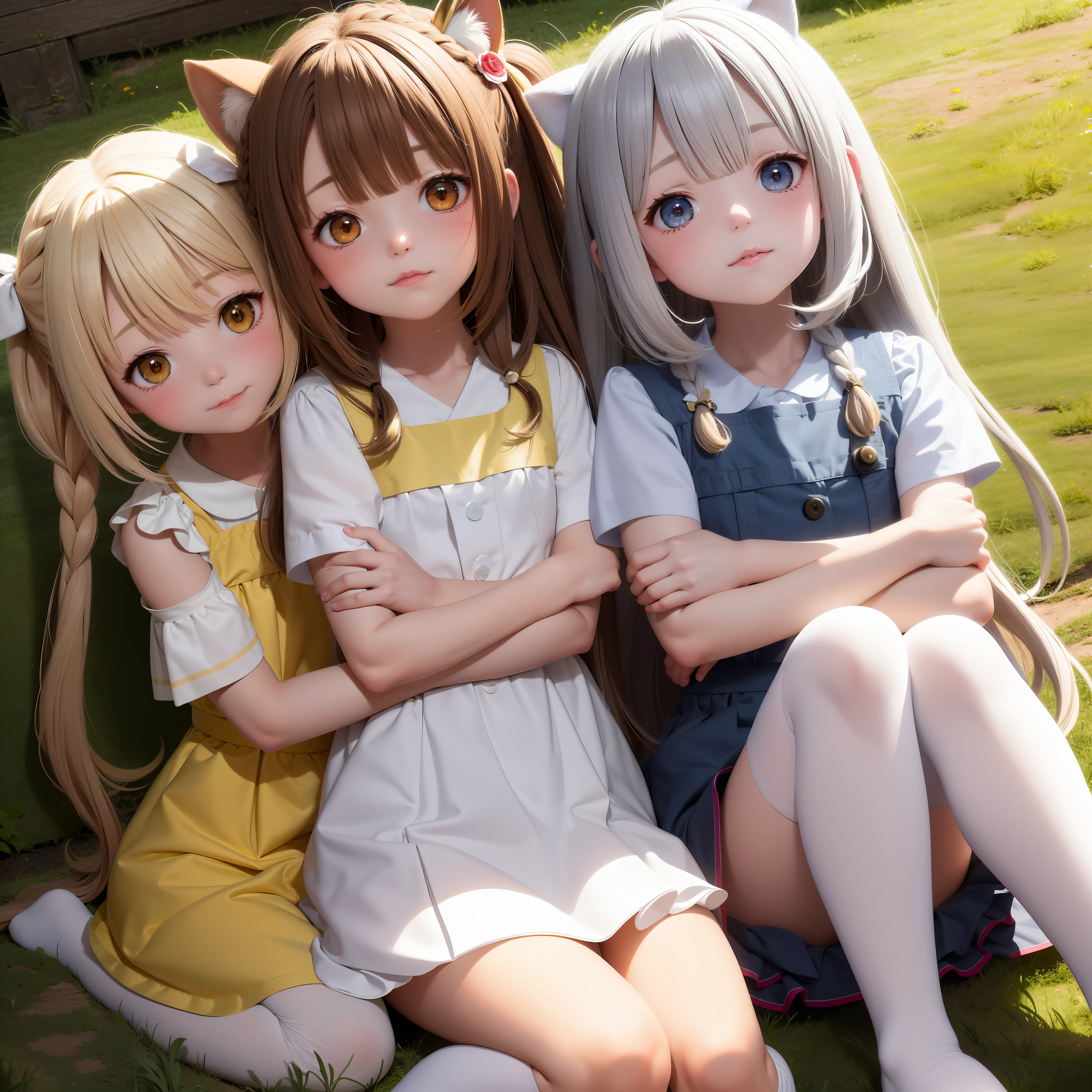 High precision,Works of masters,loli,whaite hair,SideBraid,Golden eyes,white dresses,The two hugged each other and buried their heads in their arms,puss,modern,Striped knee-length socks,natural soft light,dingdall effect