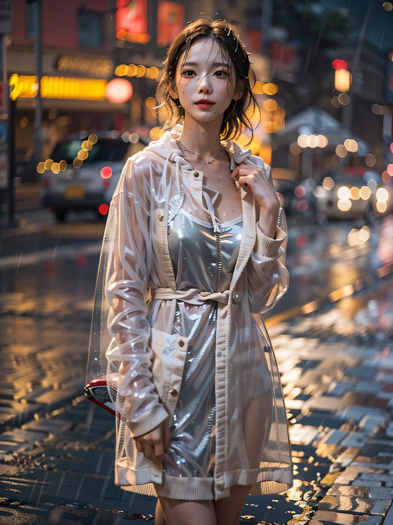 film photography, masterpiece, 1girl, morning, rain, wet, cityscape, wet white minidress, ((transparent raincoat)), slender body, perfect figure, seductive smile, medium breast, full body, drunk blush:1.5, wavy shoulder-length hair, serene, calm, (realistic detailed eyes, natural skin texture, realistic face details), soft dramatic lighting, depth of field, bokeh, vibrant details, finely detailed, hyperrealistic