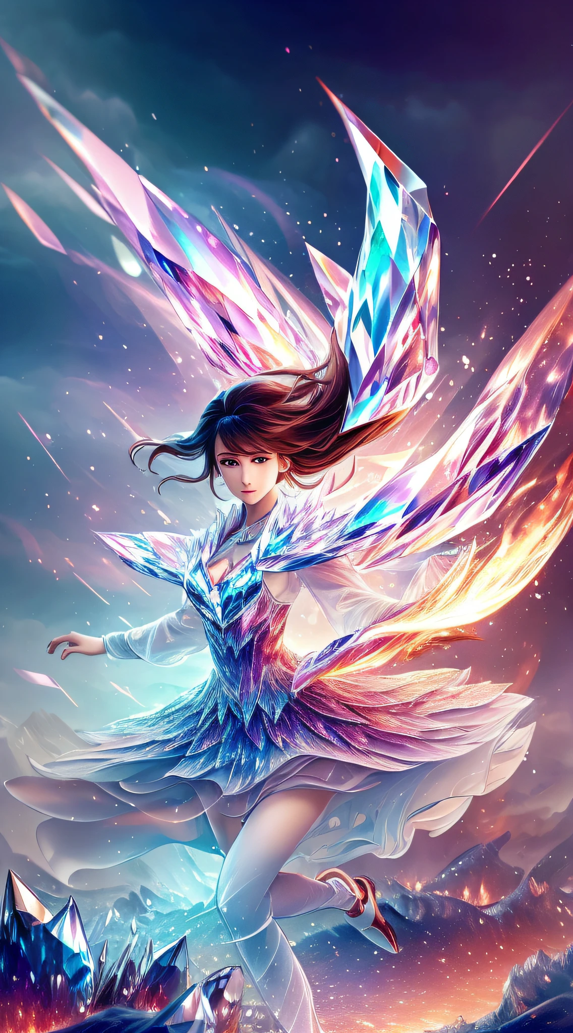 (masterpiece, top quality, best, official art, beautiful and aesthetically pleasing, long exposure: 1.2), smooth movement, charming pattern, 1 girl, (long skirt with sleeves: 1.3), red dress, upper body close-up, Strapless, Chinese girl, freckles, black lob hair, portrait, solo, upper body, gaze at the observer, detailed background, detailed face, (crystallineAI, crystalline theme:1.1), elemental fire sprite, spinning fire, control fire, ruby's Clothes, dynamic poses, floating particles, ethereal dynamics, fire, steam, lava in the background, red tones, volcanoes, ethereal atmosphere,