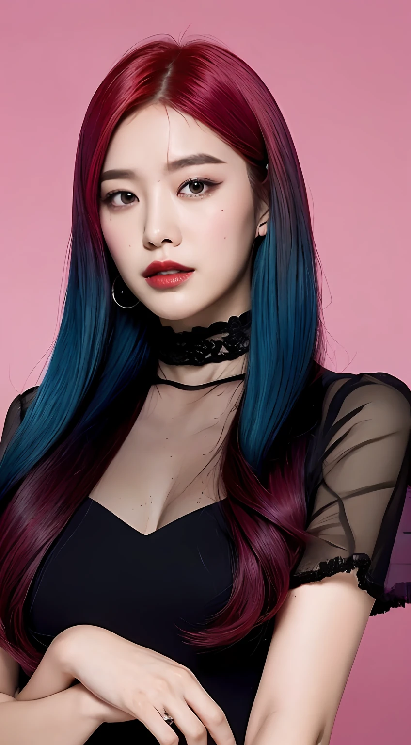 Hair color: black on top and rose red on bottom