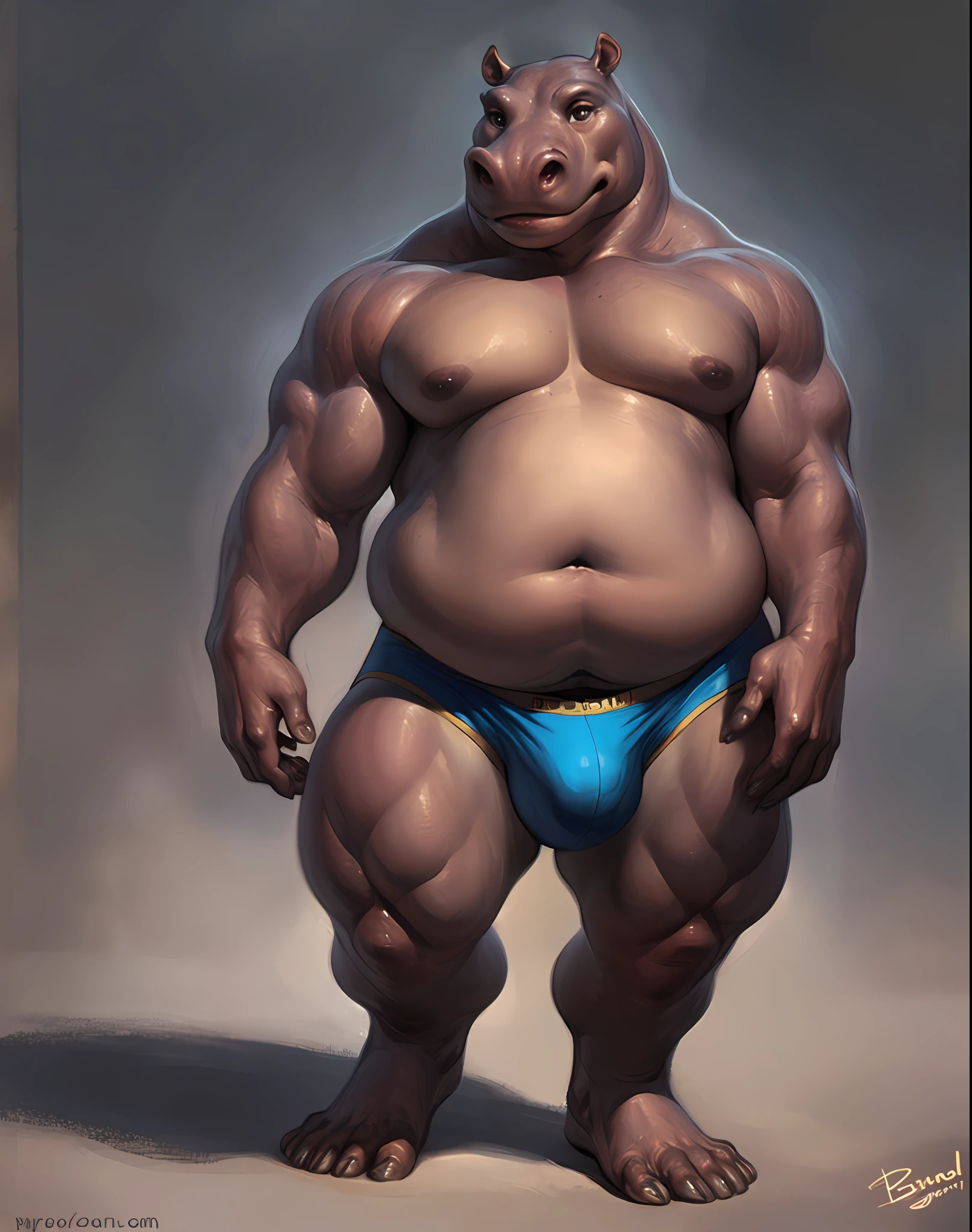 solo, anthro (hippo), male, (muscular:1.5), adult, photorealistic, hyperrealistic, ultradetailed, natural pose, standing, by personalami, by honovy, by thebigslick, by taran fiddler, by pixelsketcher, correct hands, (bulge:1.1), (nips:1.1), brown underwear, brown thong, standing, grey wall background, (beefy:1.5), (bulky:1.9), (large pecs:1.2), front view