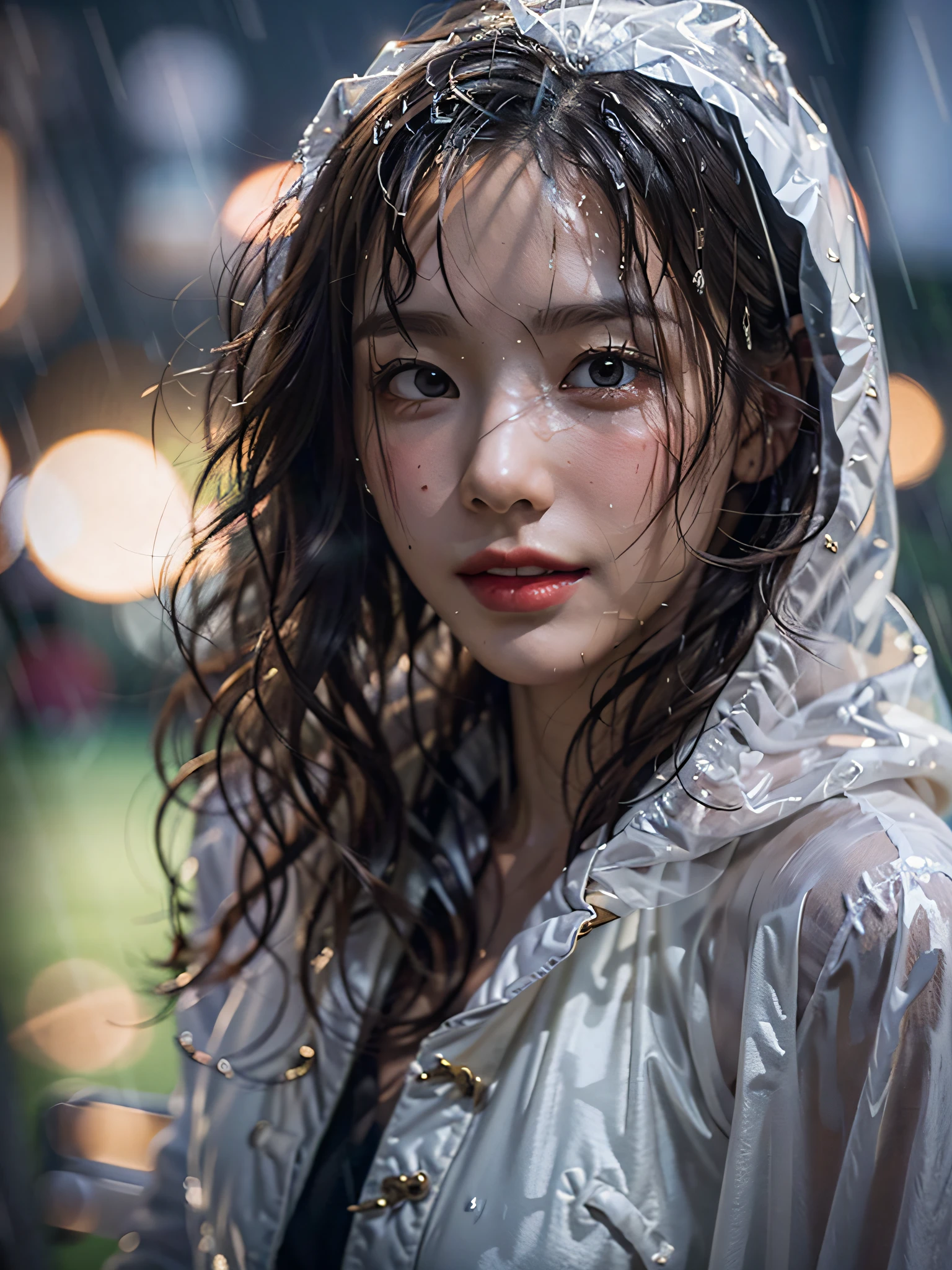 film photography, masterpiece, 1girl, morning, rain, wet, cityscape, wet white minidress, ((transparent raincoat)), slender body, perfect figure, seductive smile, medium breast, full body, drunk blush:1.5, wavy shoulder-length hair, serene, calm, (realistic detailed eyes, natural skin texture, realistic face details), soft dramatic lighting, depth of field, bokeh, vibrant details, finely detailed, hyperrealistic